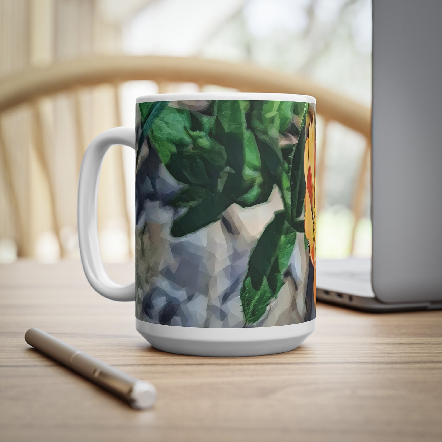 Ceramic White Cup 15oz - Poly Art - Flower of Calendula (Variant 2)