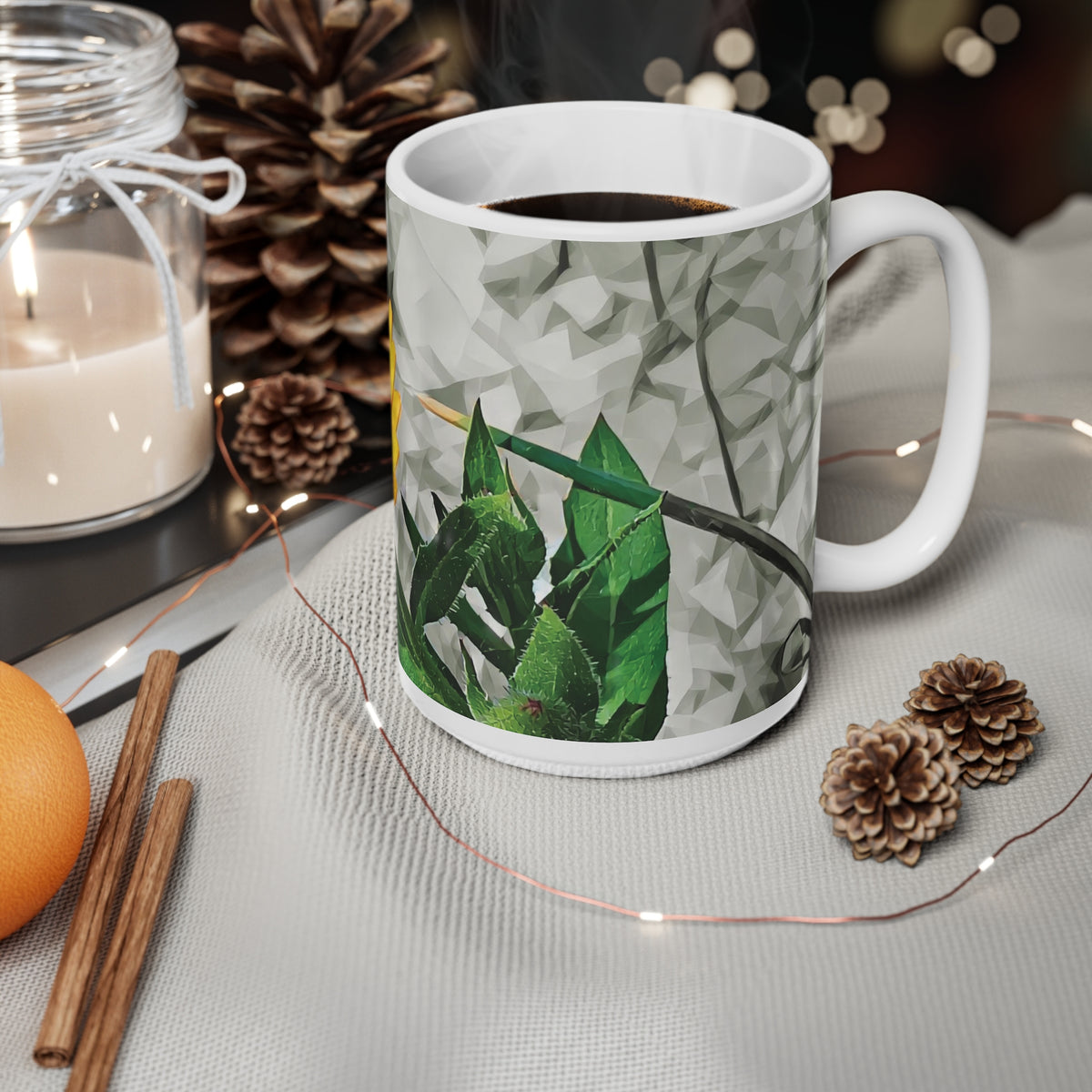 Ceramic White Cup 15oz - Poly Art - Flower of Calendula (Variant 1)