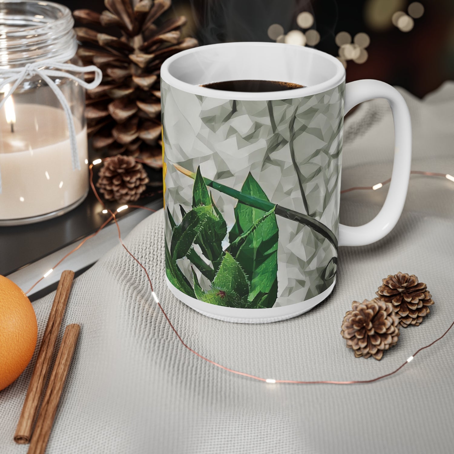 Ceramic White Cup 15oz - Poly Art - Flower of Calendula (Variant 1)