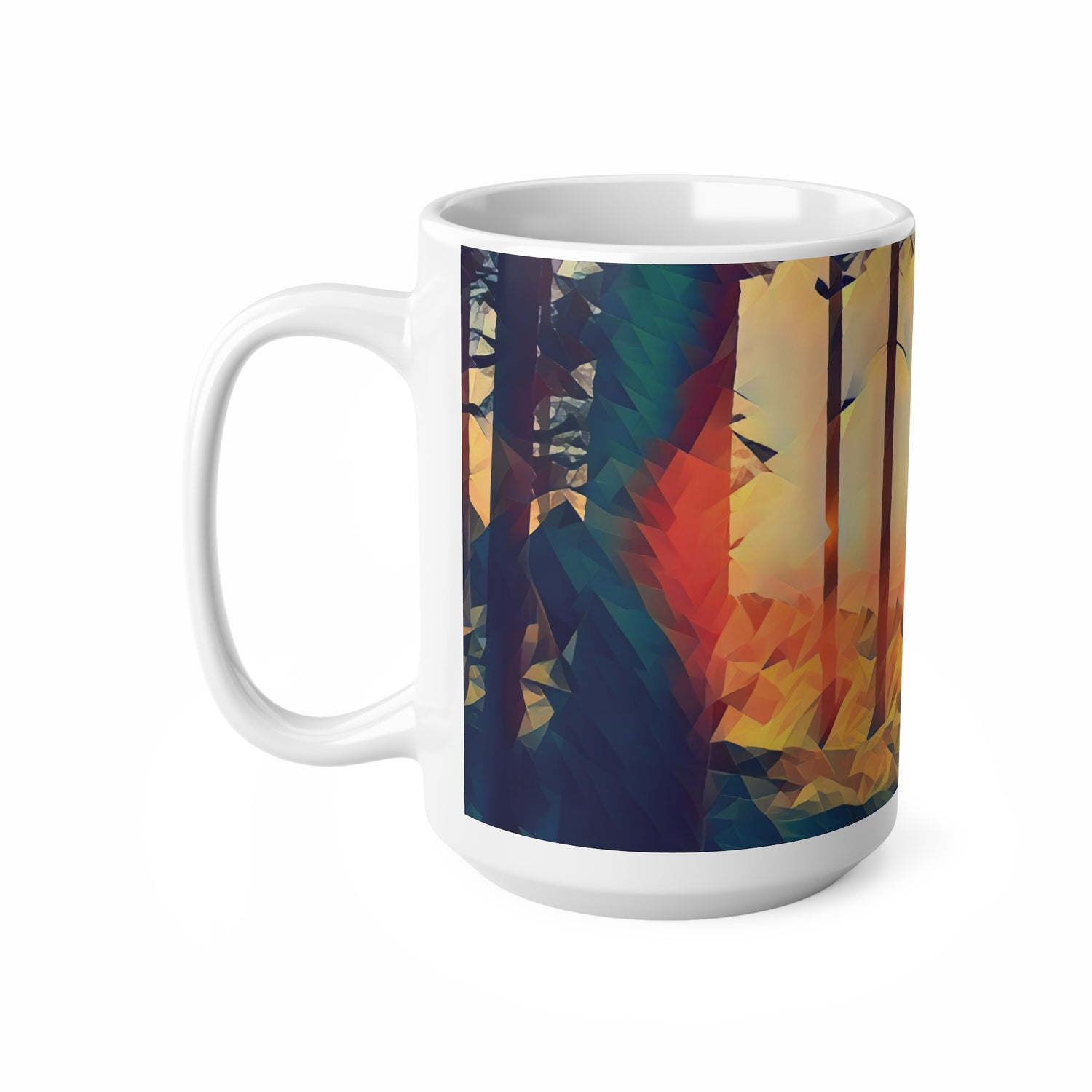 Ceramic White Cup 15oz - Poly Art - Forest Sunset (Variant 2)