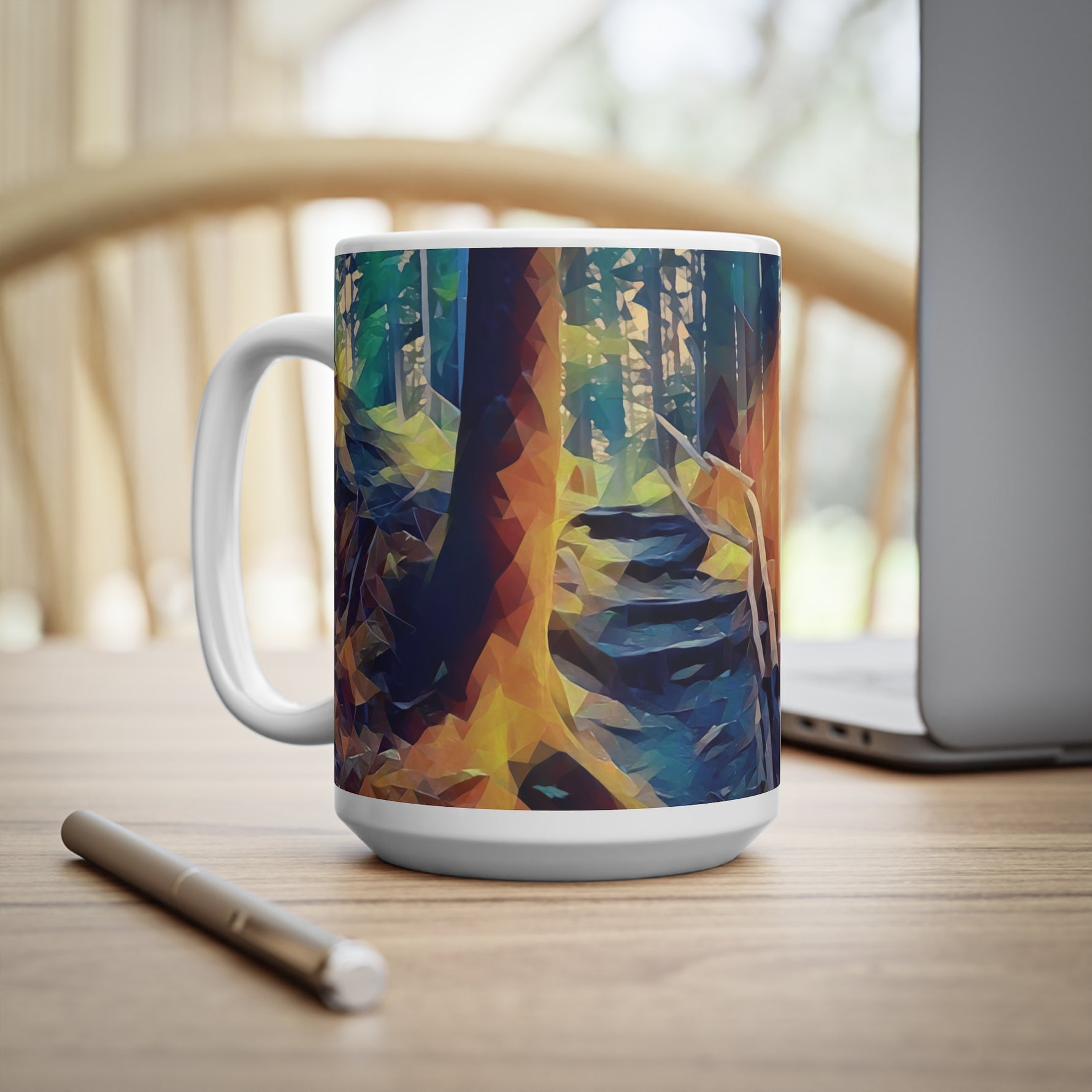 Ceramic White Cup 15oz - Poly Art - Forest, a Path (Variant 1)