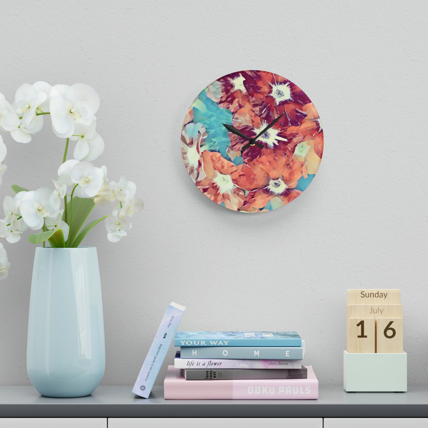 Acrylic Wall Clock - Poly Art - Flowers in Sky Blue and Red (Variant 2)