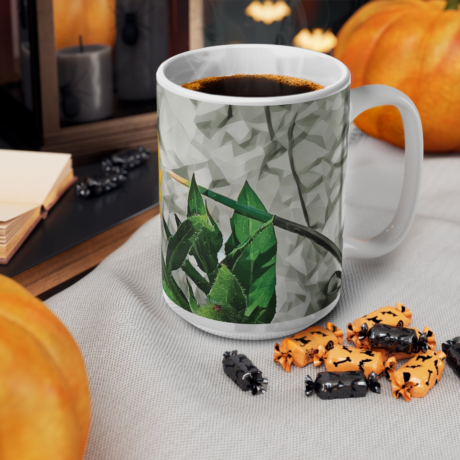 Ceramic White Cup 15oz - Poly Art - Flower of Calendula (Variant 1)