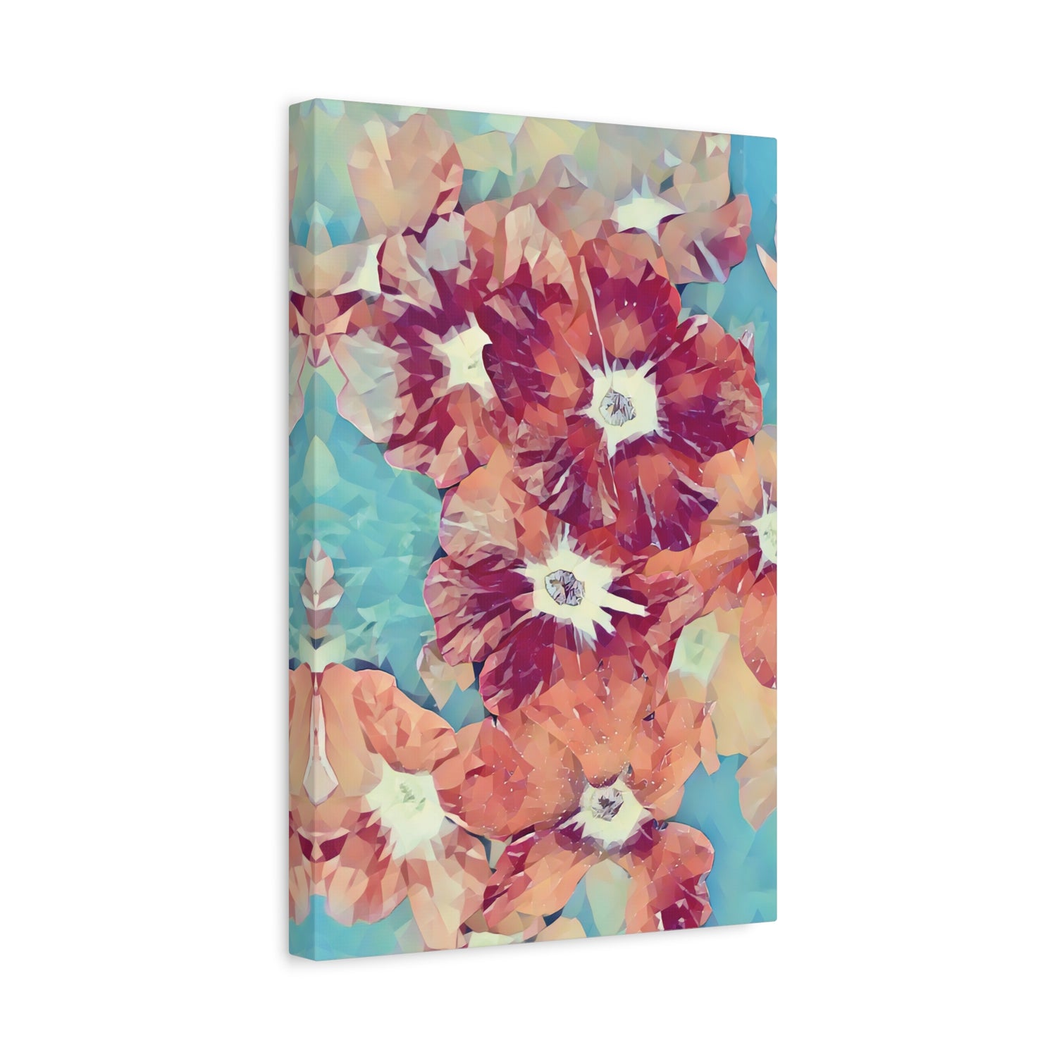 Stretched Matte Canvas - Poly Art - Flowers in light blue and red