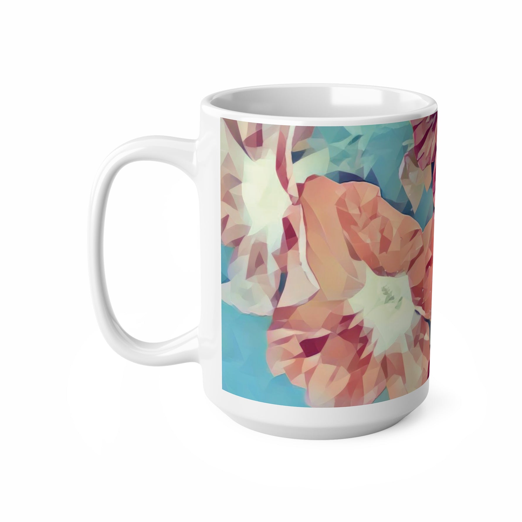 Ceramic White Cup 15oz - Poly Art - Flowers in sky blue and red (Variant 3)