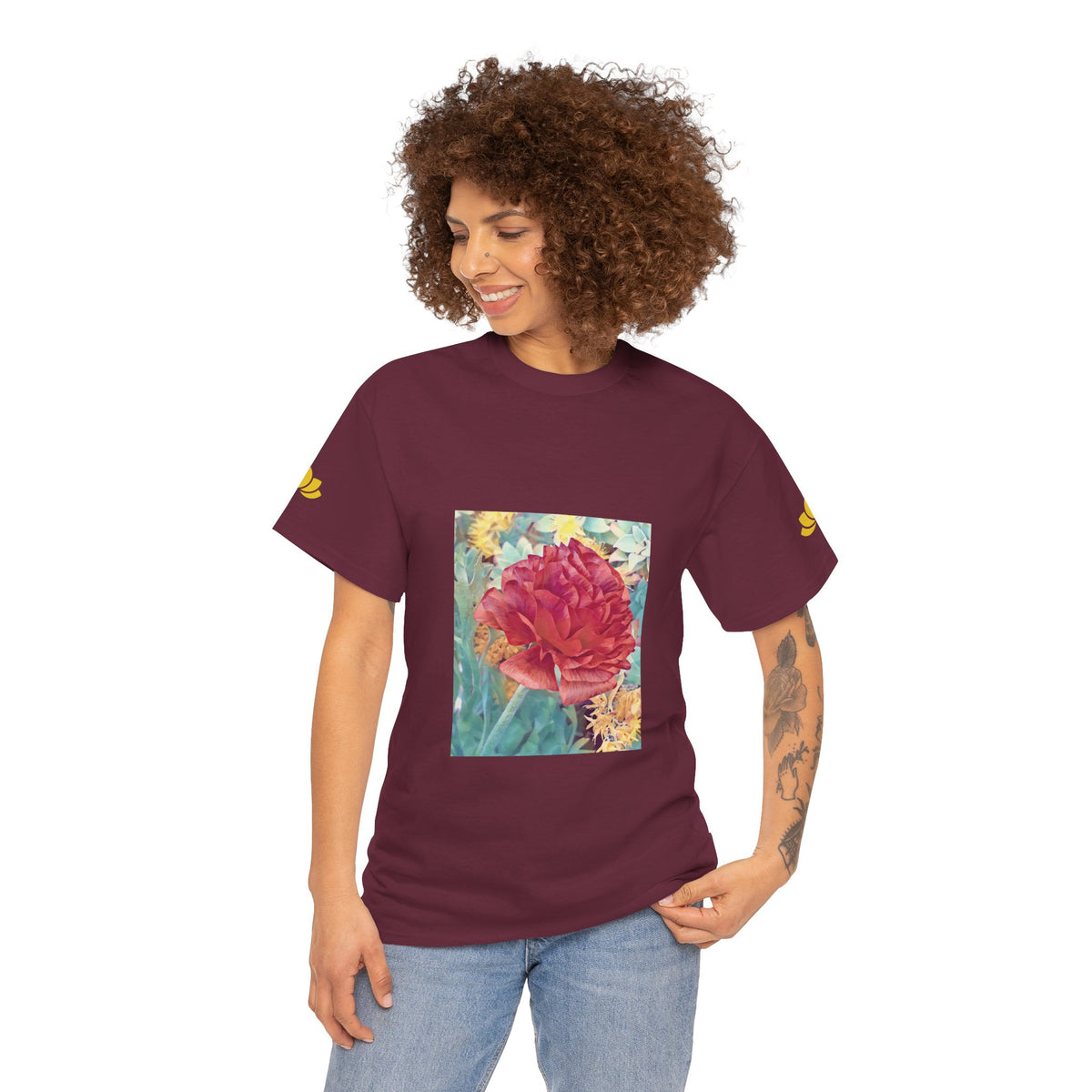 Unisex Heavy Cotton Tee - Poly Art - Flower of Dahlia in Red
