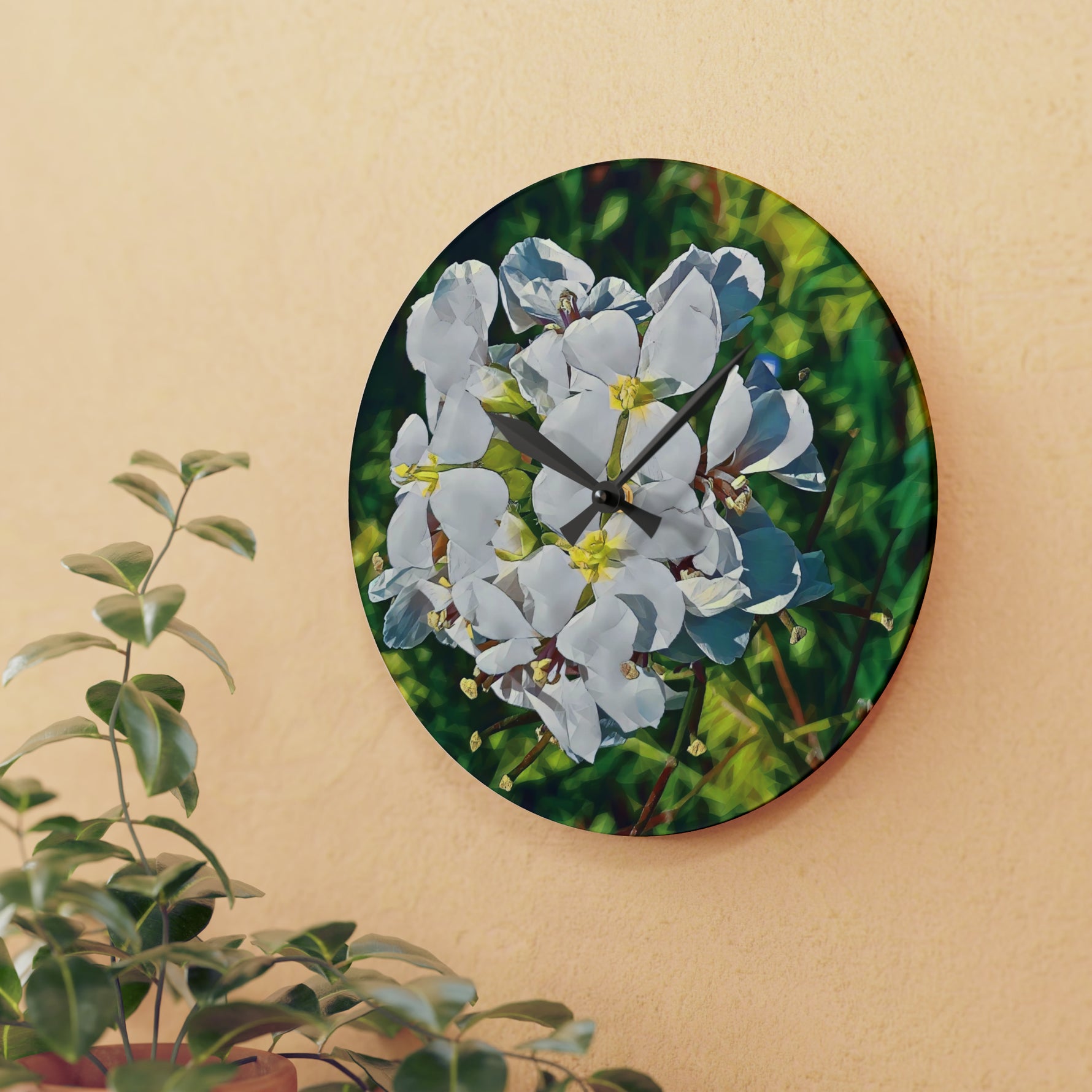 Acrylic Wall Clock - Poly Art - Flower, White