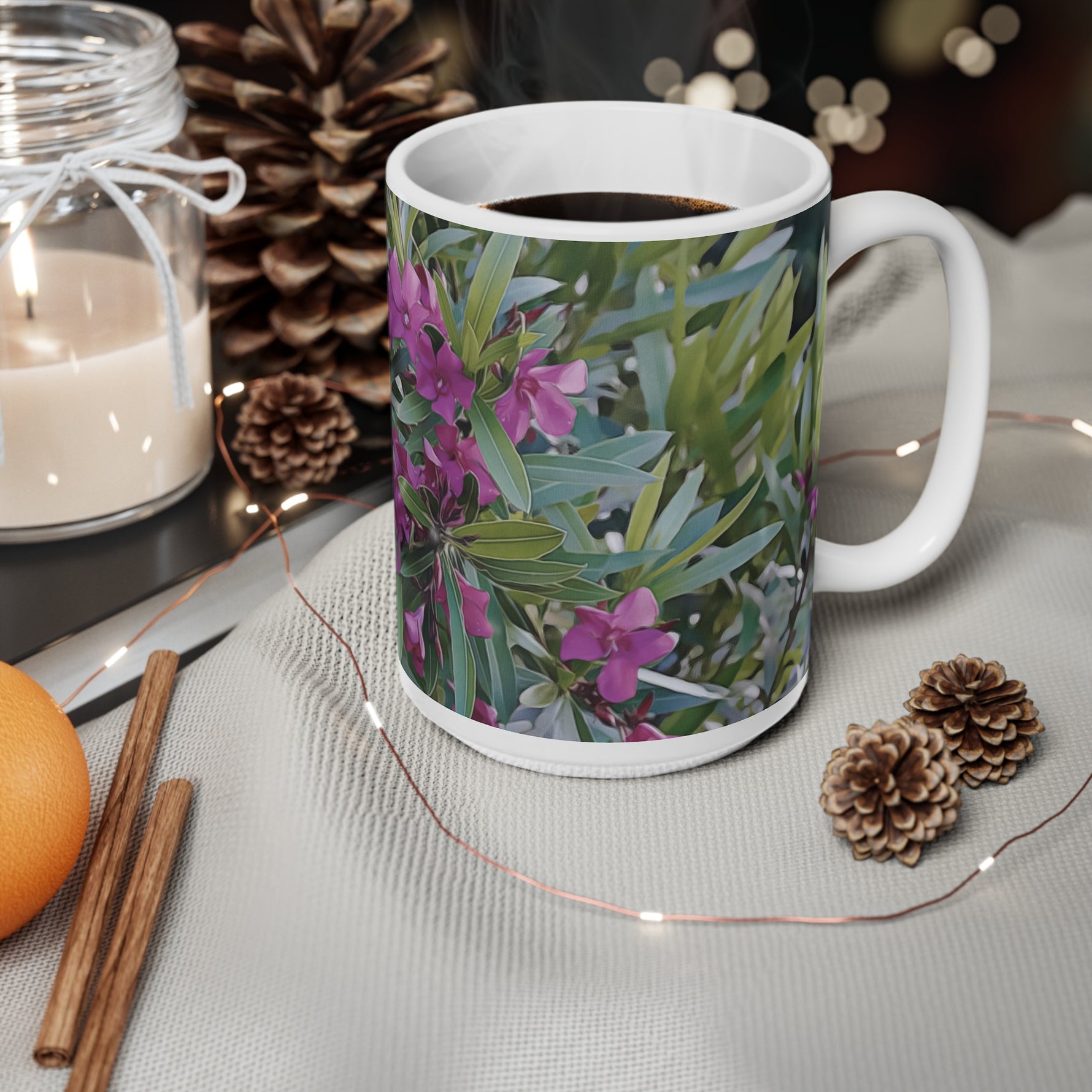 Ceramic White Cup 15oz - Flower of Oleander