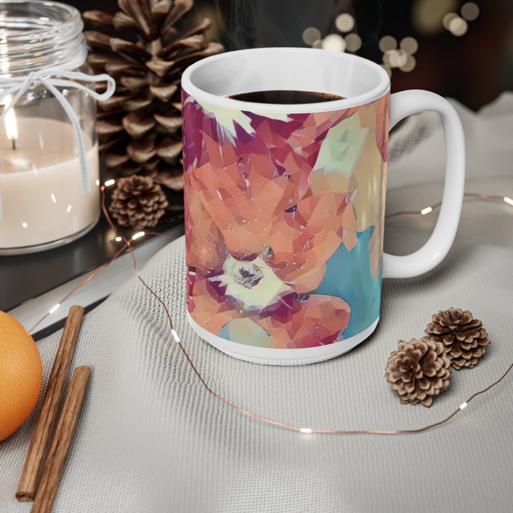 Ceramic White Cup 15oz - Poly Art - Flowers in sky blue and red (Variant 3)
