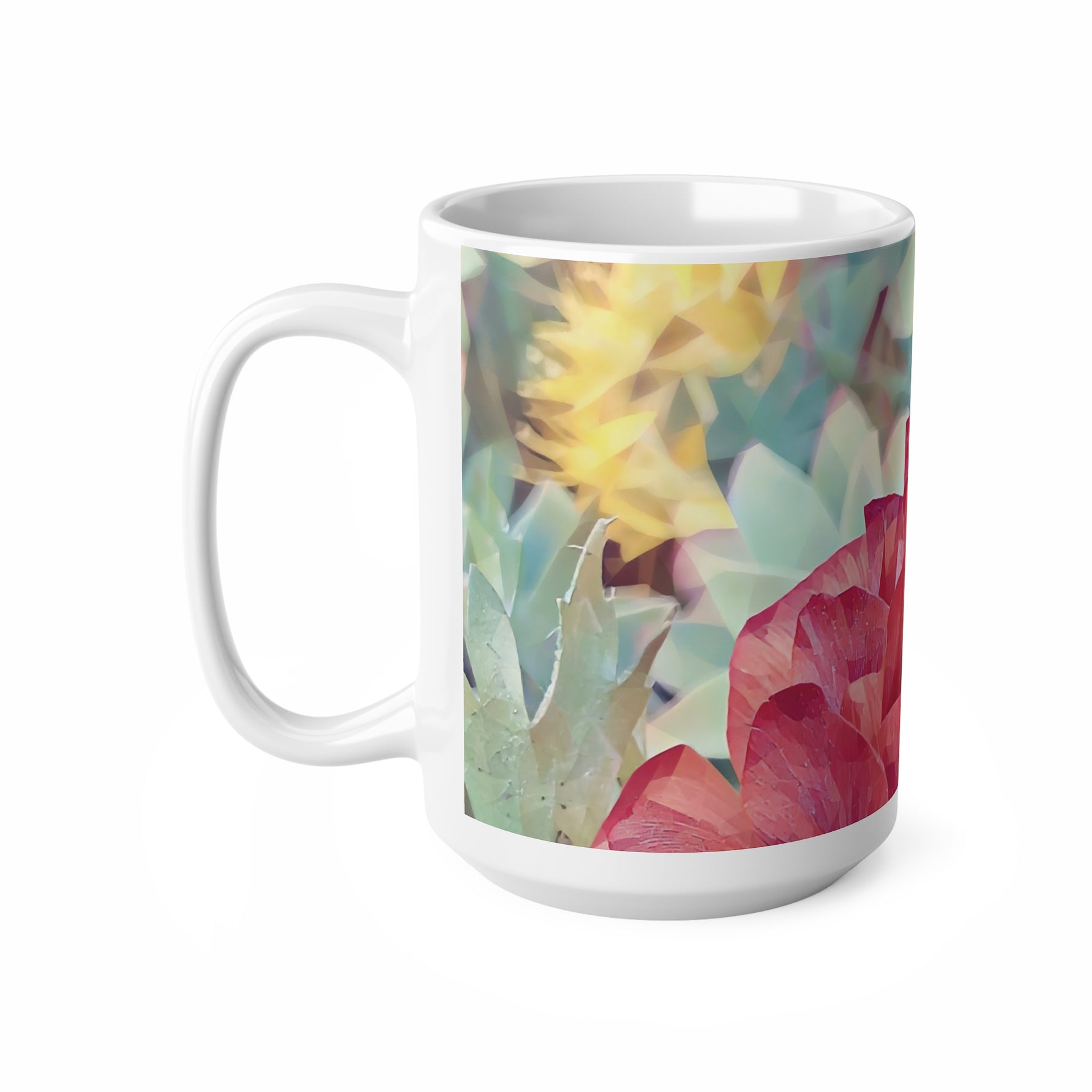 Ceramic White Cup 15oz - Poly Art - Flower of Dahlia in Red (Variant 1)