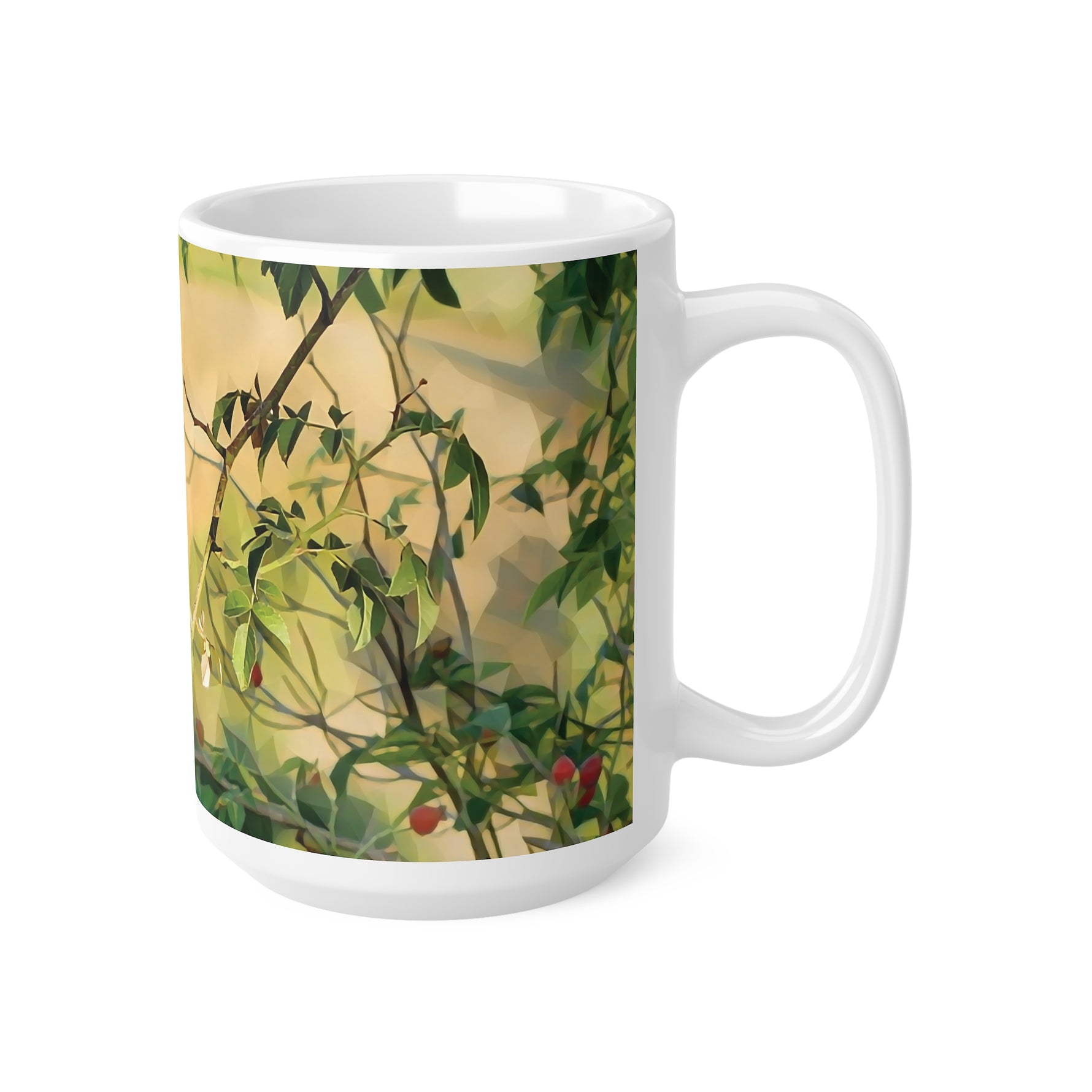 Ceramic White Cup 15oz - Poly Art - Rosehip plant (Variant 1)