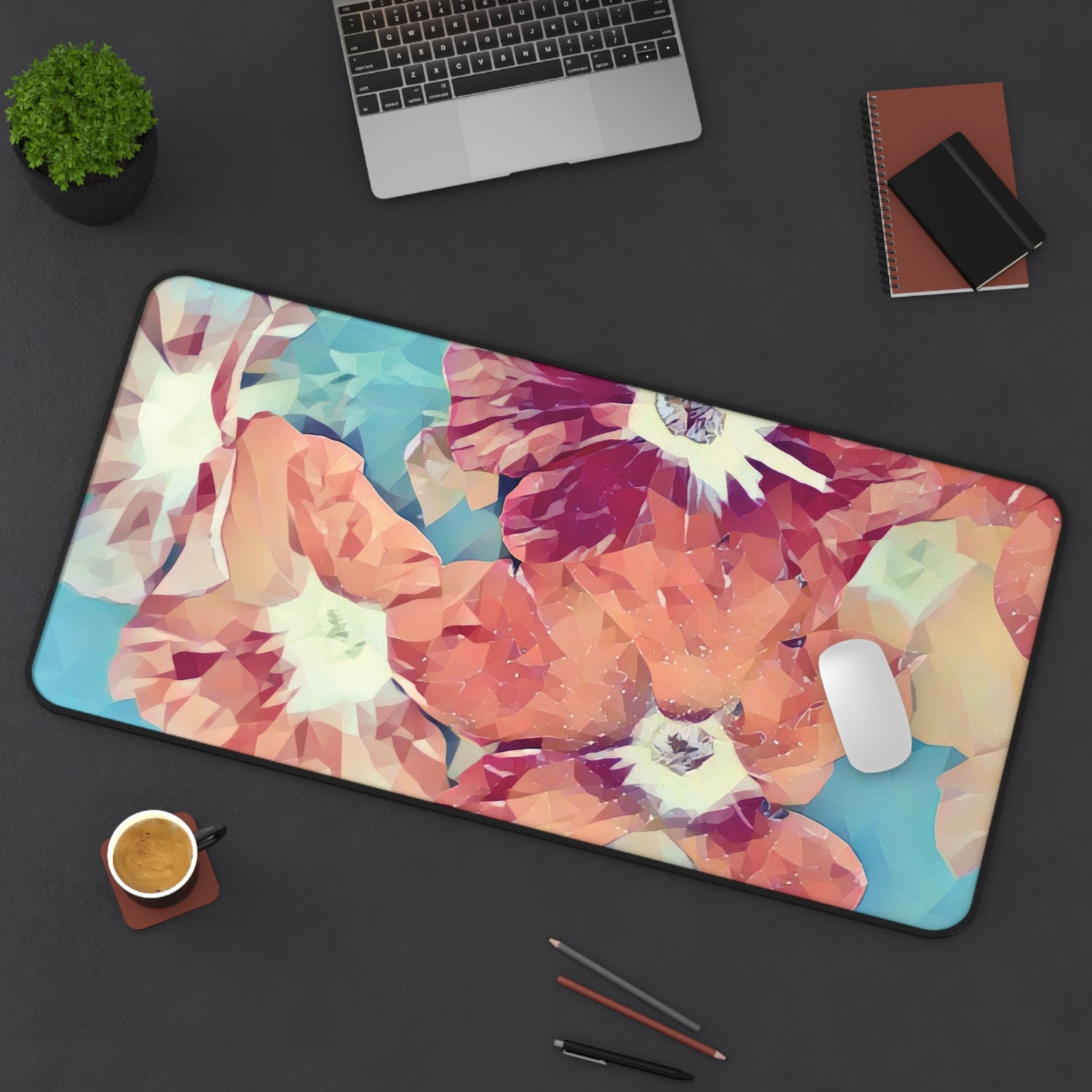 Desk Mat - Poly Art - Flowers, light blue and red colors (Variant 3)