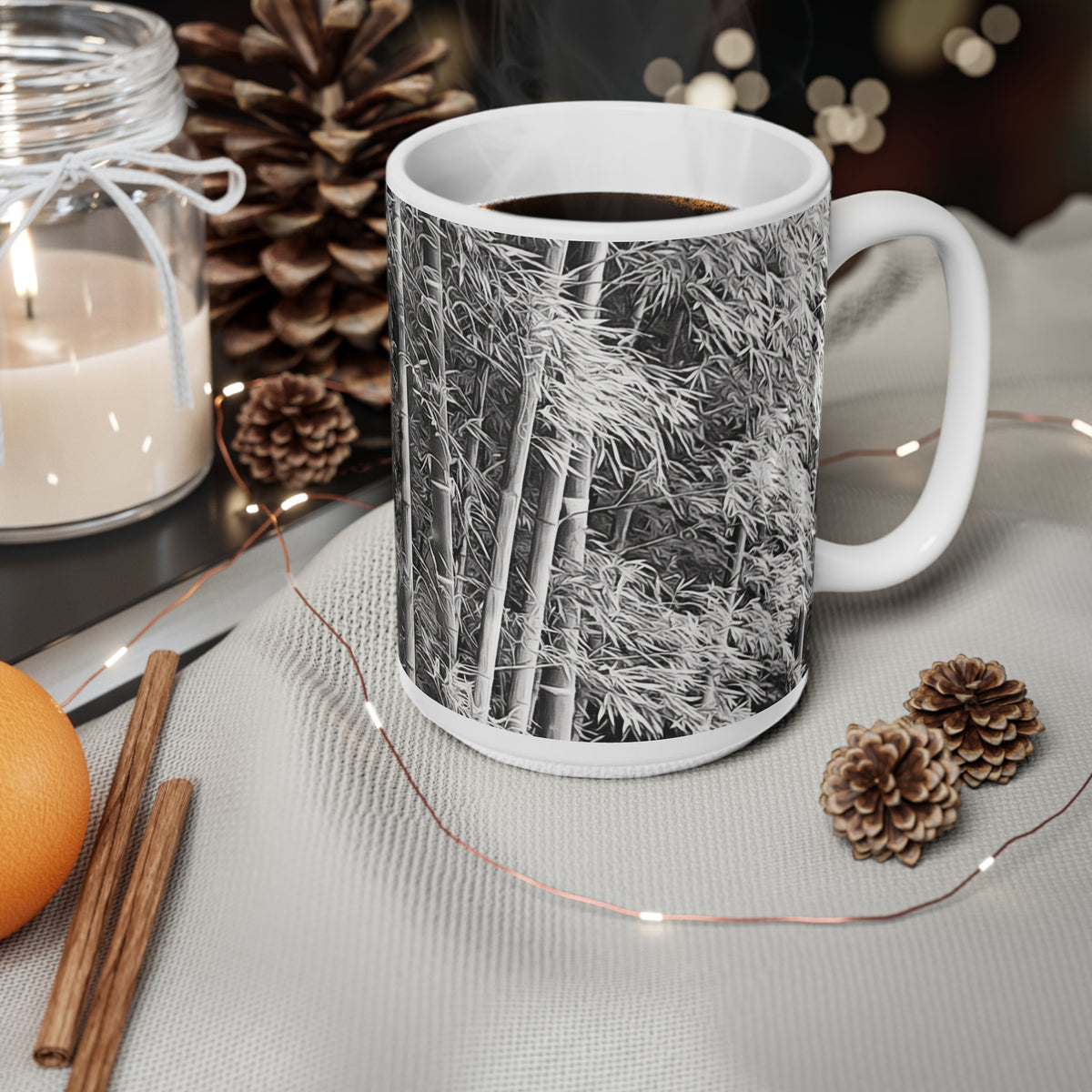 Ceramic White Cup 15oz - Bamboo (B&W Variant)