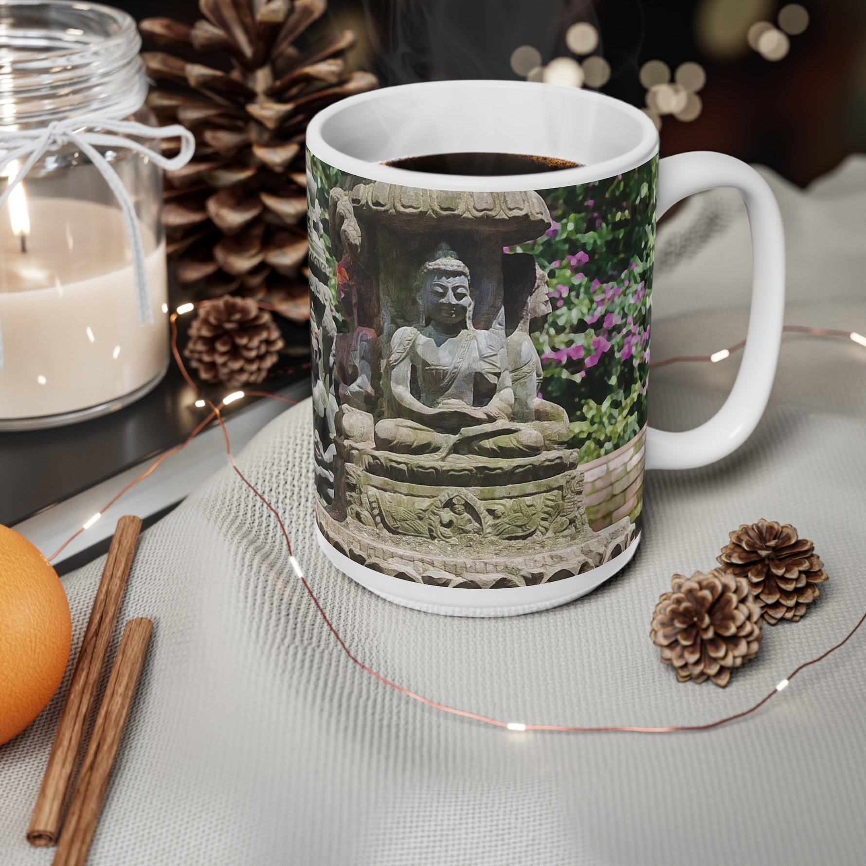Ceramic White Cup 15oz - Nepal, Bodhisattvas Stone Sculptures