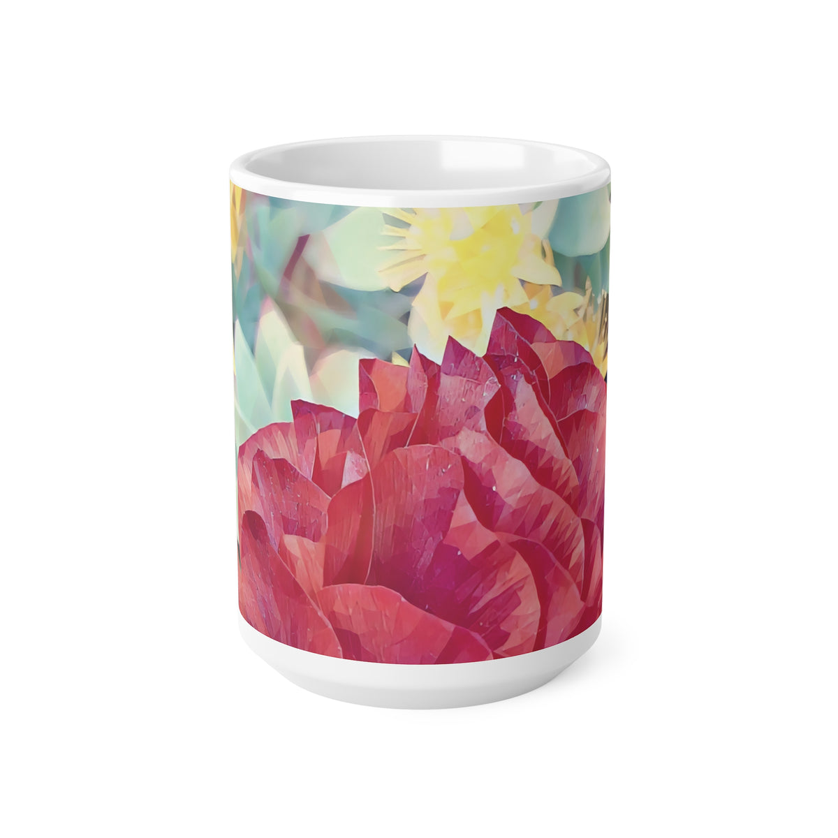 Ceramic White Cup 15oz - Poly Art - Flower of Dahlia in Red (Variant 1)