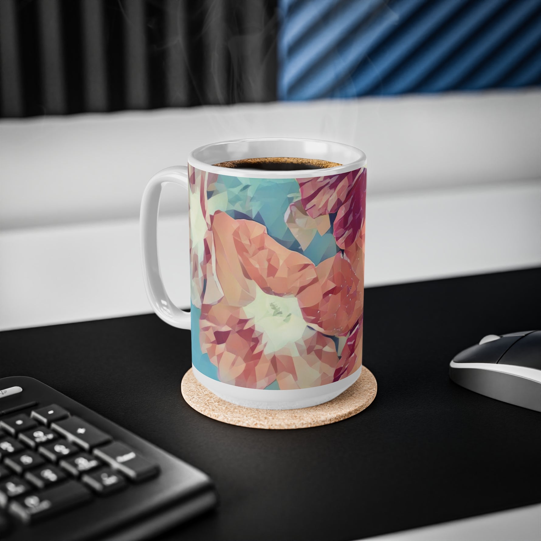 Ceramic White Cup 15oz - Poly Art - Flowers in sky blue and red (Variant 3)