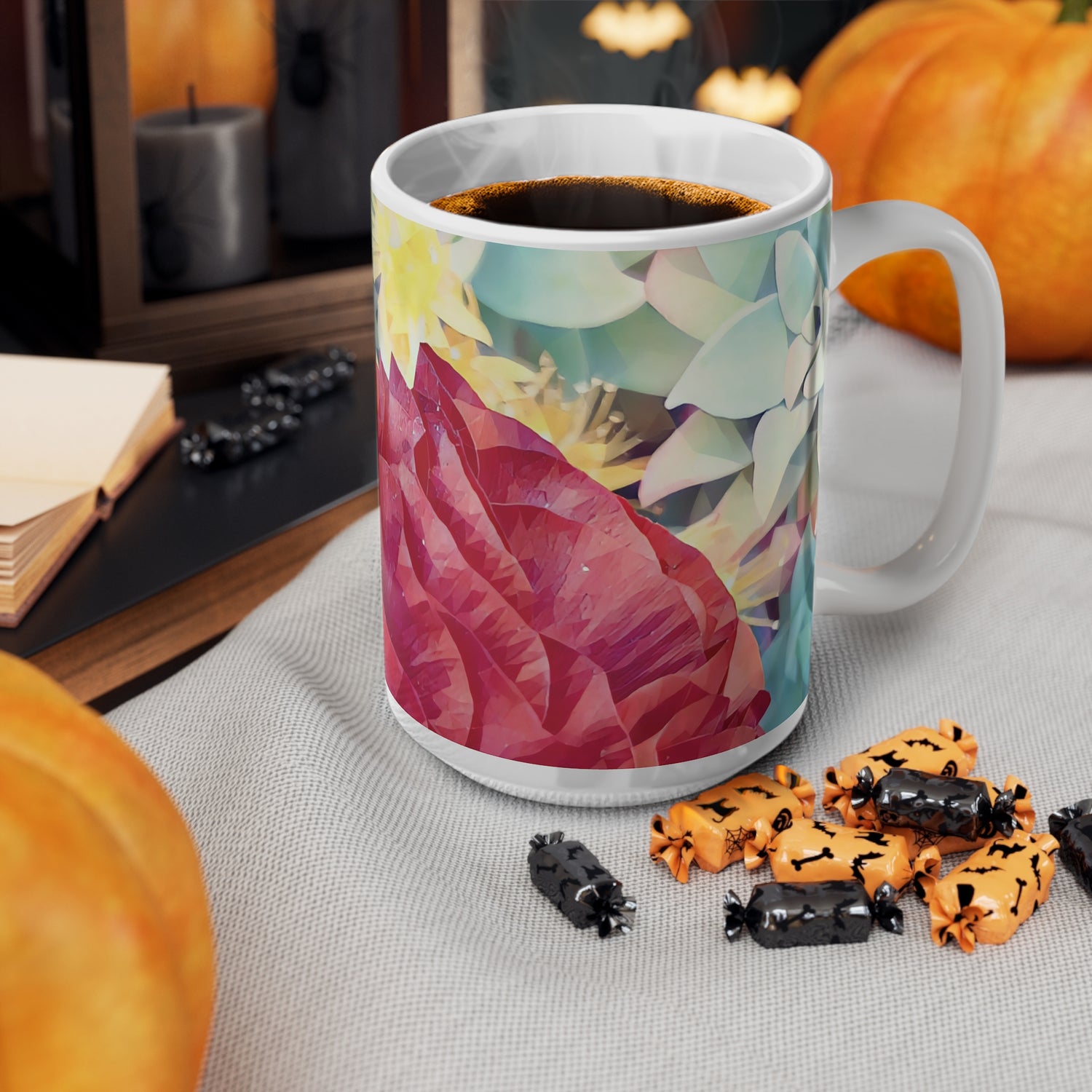 Ceramic White Cup 15oz - Poly Art - Flower of Dahlia in Red (Variant 1)