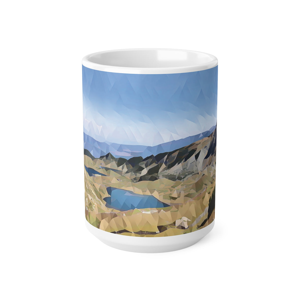 Ceramic White Cup 15oz - Poly Art - Rila Lakes, Bulgaria