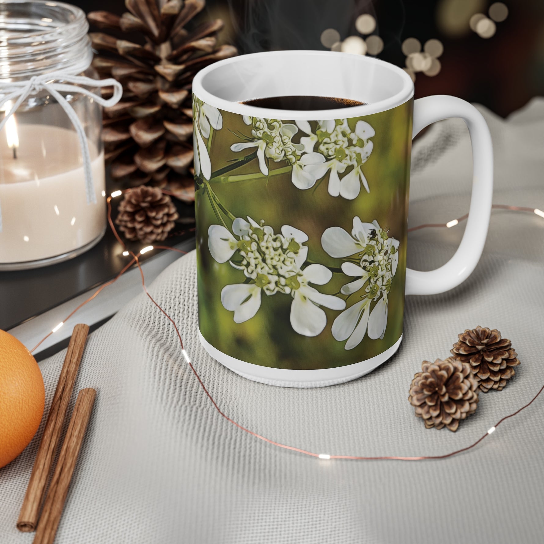 Ceramic White Cup 15oz - Flower with a small insect