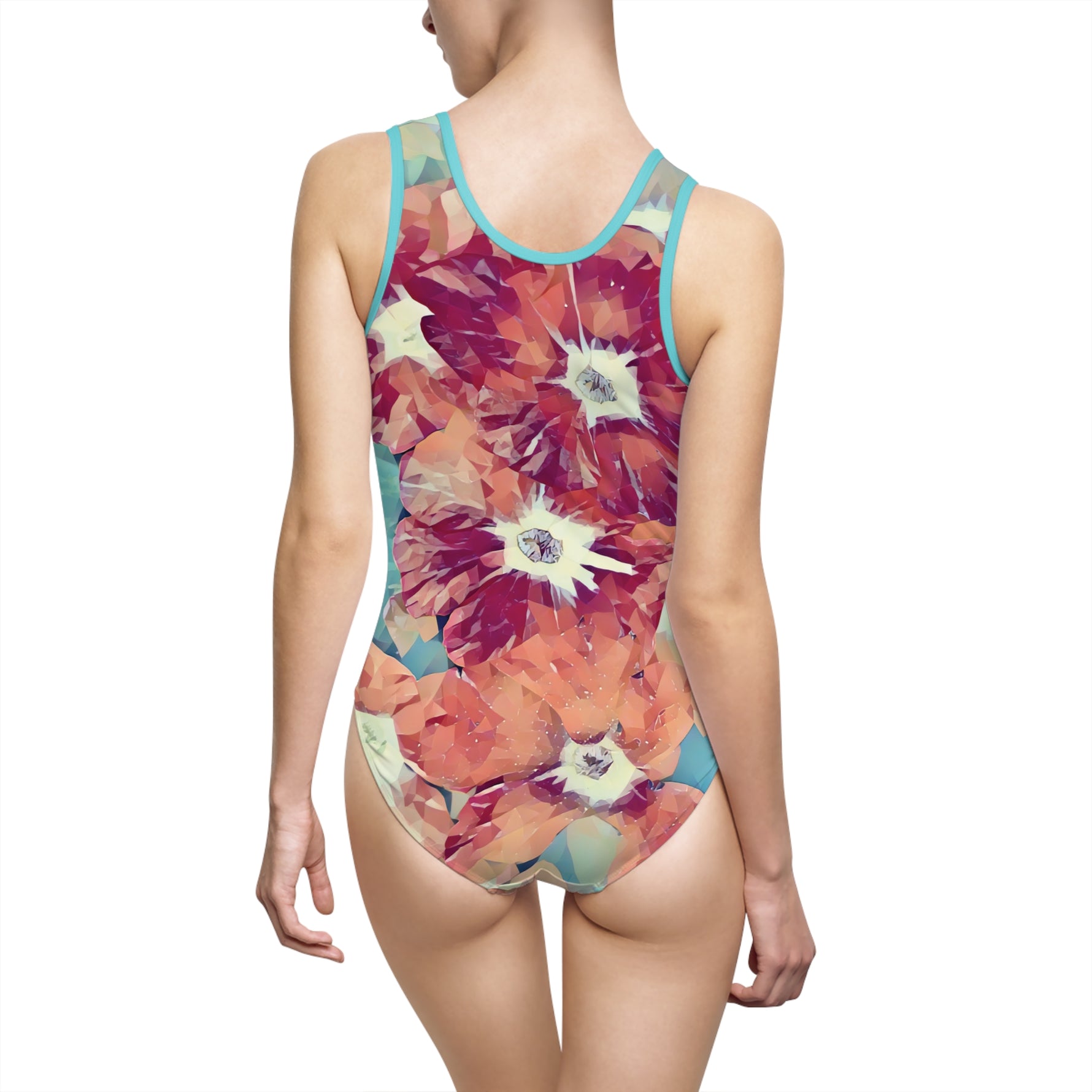 Swimsuit - Poly Art - Flower in light blue and red