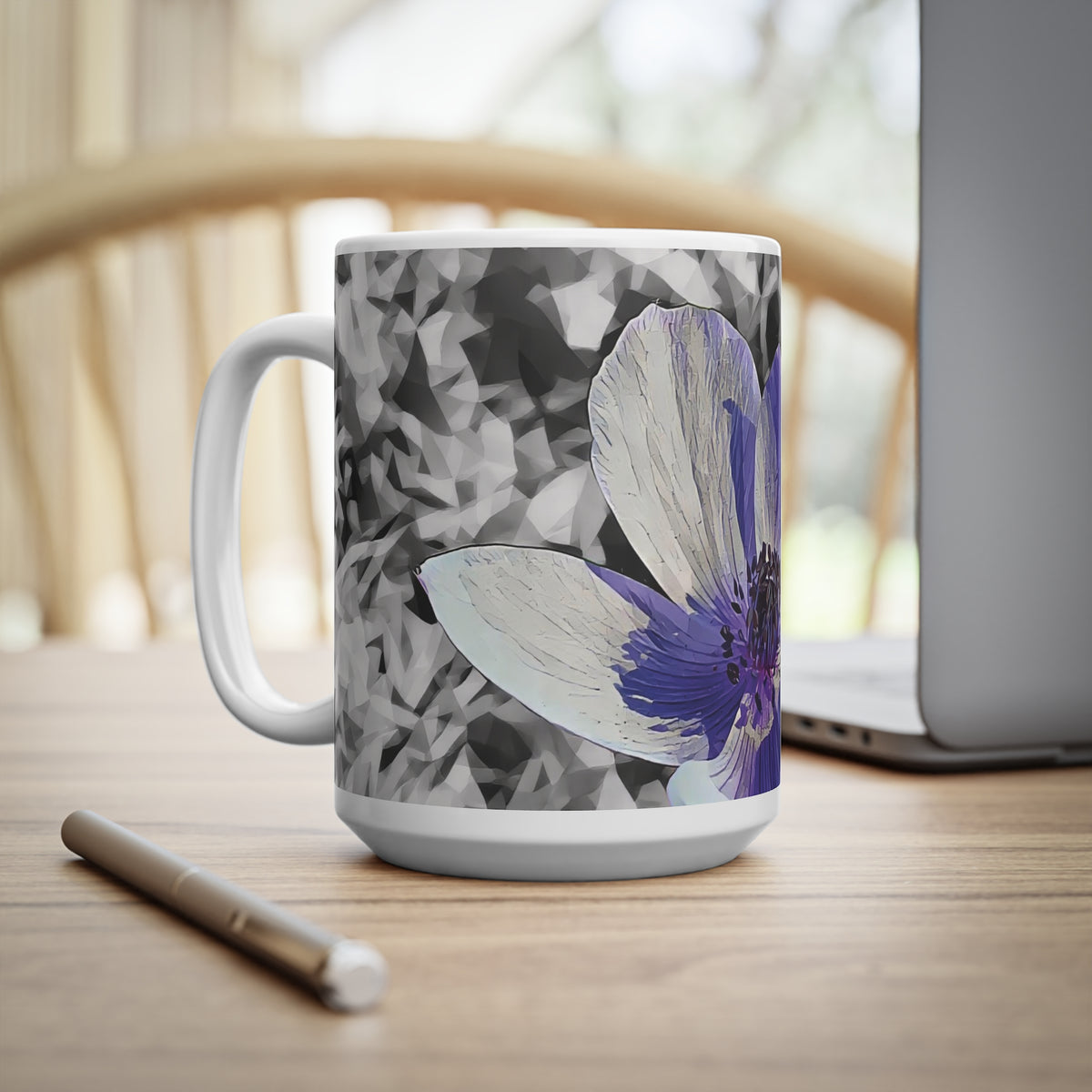 Ceramic White Cup 15oz - Poly Art - Flower of Anemone
