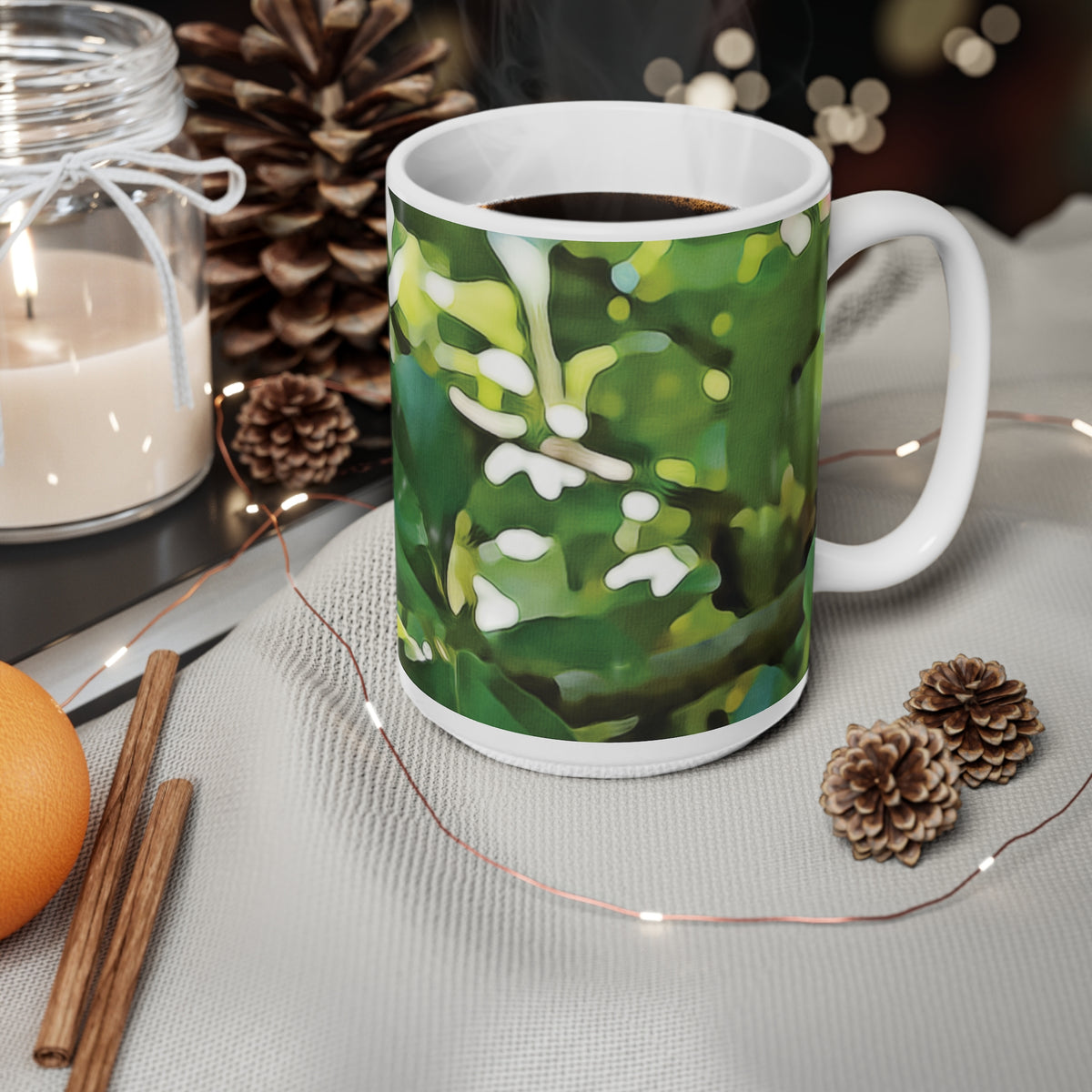 Ceramic White Cup 15oz - Apple's Tree Leaves