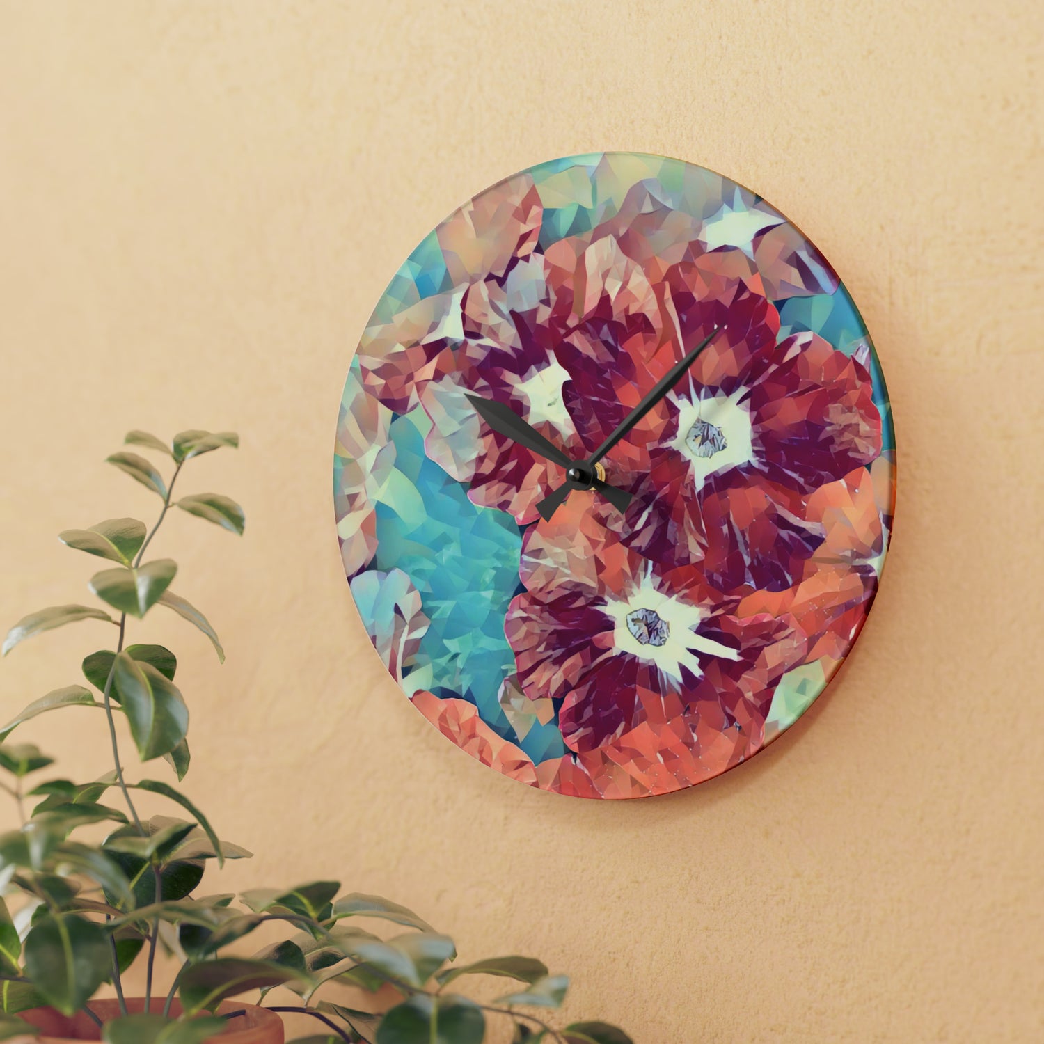 Acrylic Wall Clock - Poly Art - Flowers in Sky Blue and Red (Variant 1)