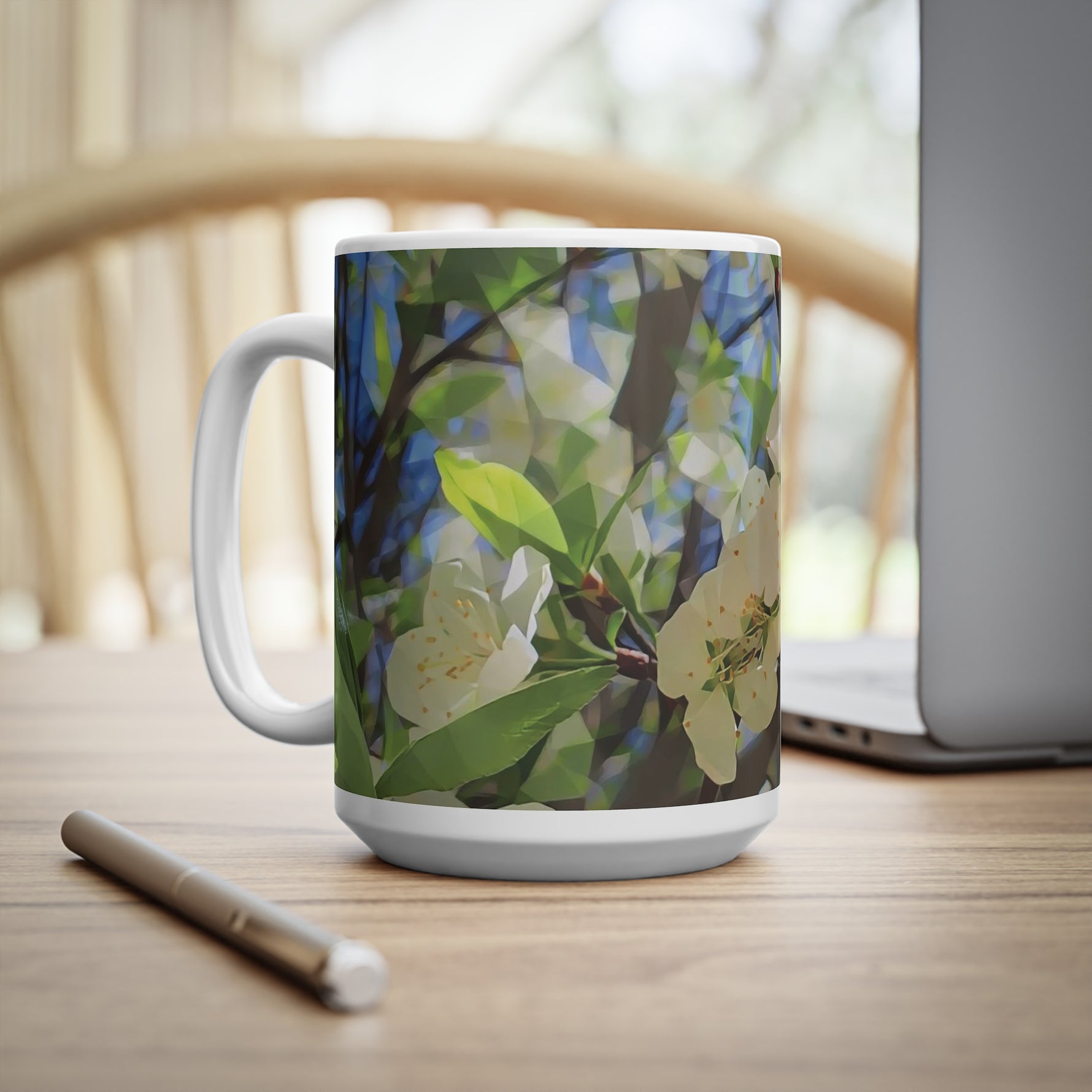 Ceramic White Cup 15oz - Poly Art - Apples' Tree Flower (Variant 1)