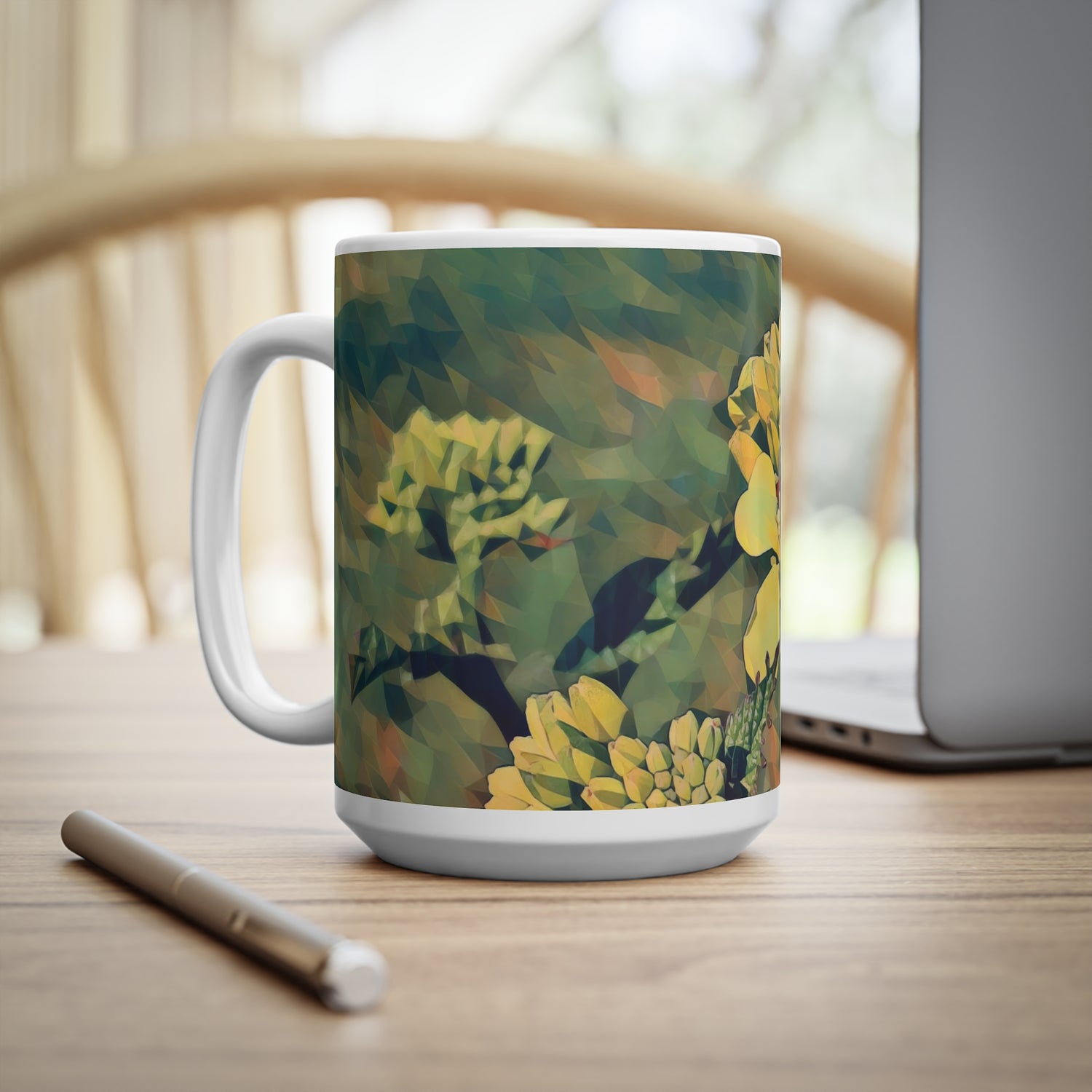 Ceramic White Cup 15oz - Poly Art - Flower, Yellow