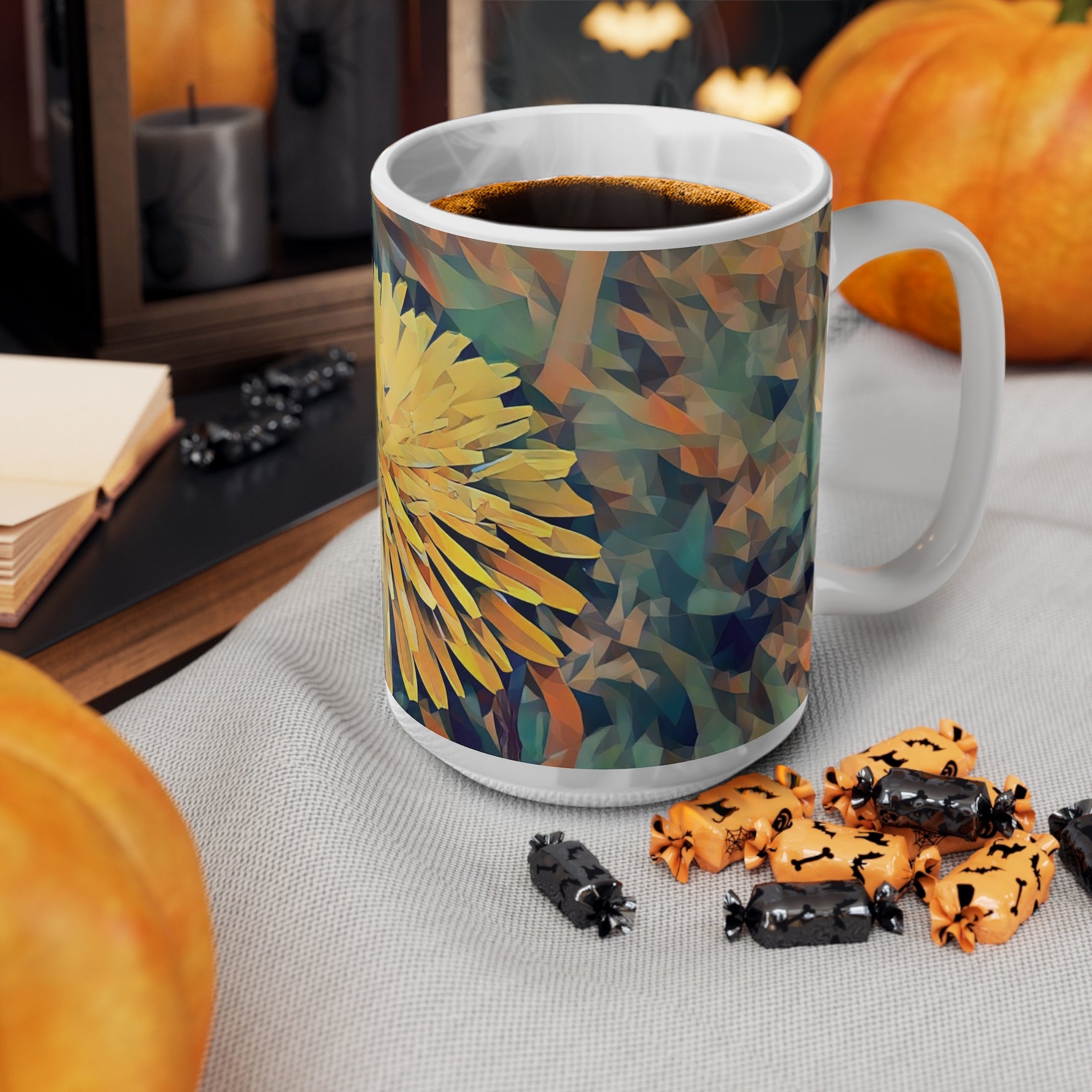 Ceramic White Cup 15oz - Poly Art - Flower of Dandelion (Variant 1)