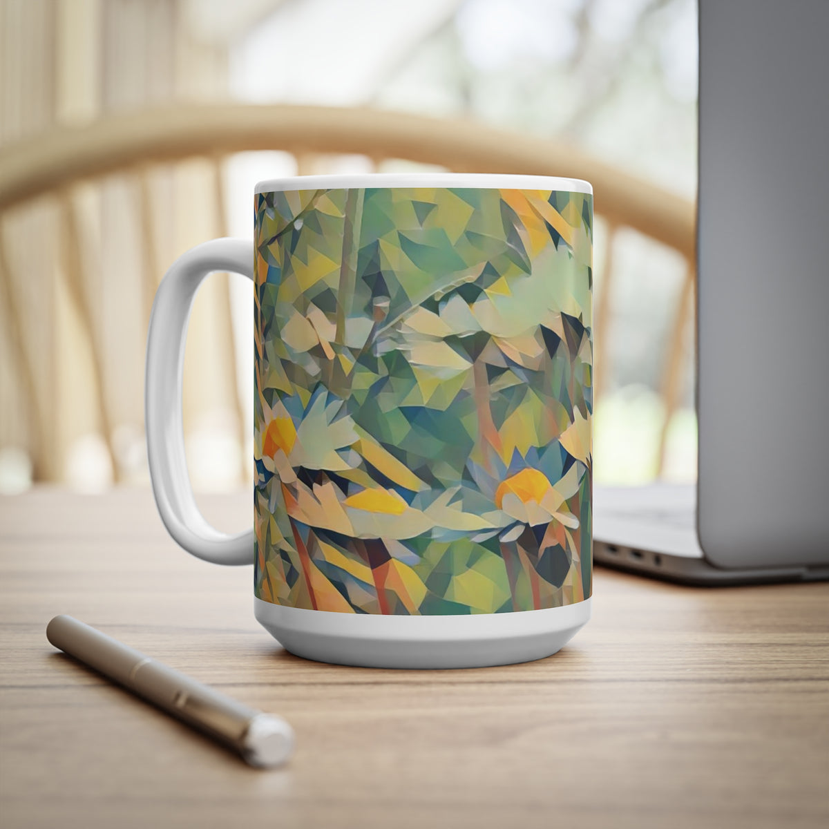 Ceramic White Cup 15oz - Poly Art - Flower of Daisies (Variant 2)