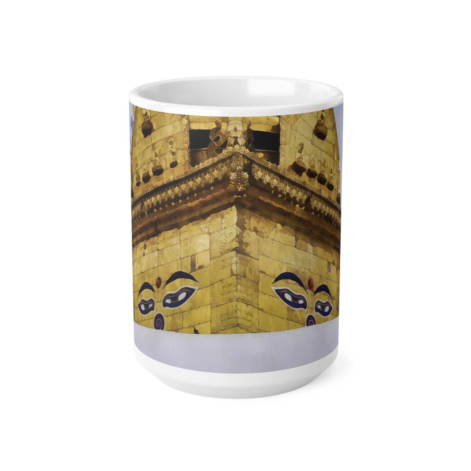 Ceramic White Cup 15oz - Nepal, Stupa with Buddha's Eyes (Variant 1)