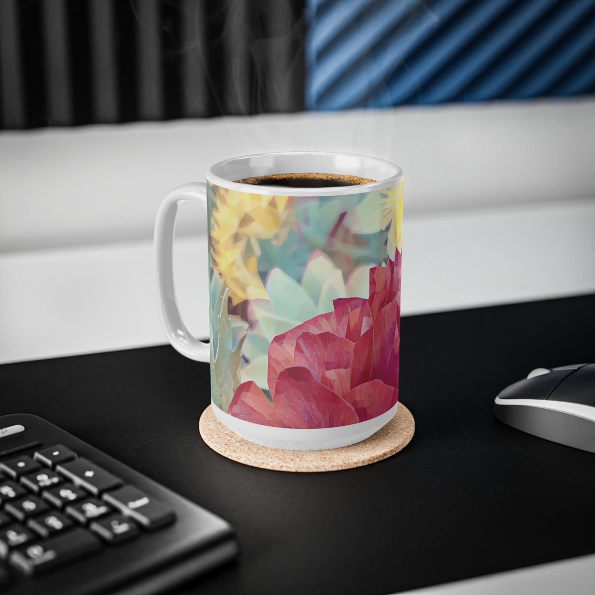 Ceramic White Cup 15oz - Poly Art - Flower of Dahlia in Red (Variant 1)