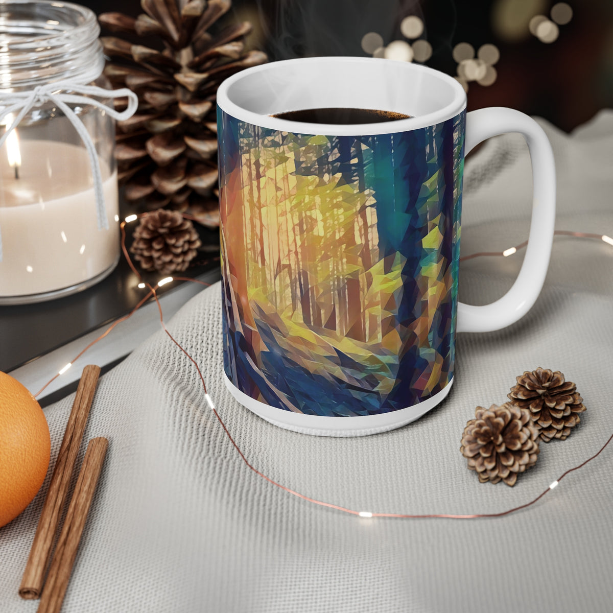 Ceramic White Cup 15oz - Poly Art - Forest, a Path (Variant 1)