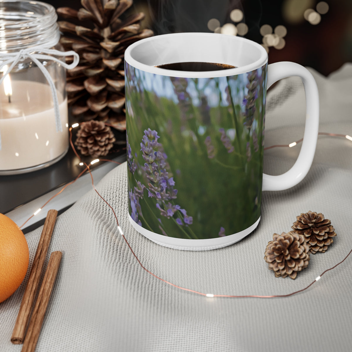 Ceramic White Cup 15oz - Flower of Lavender with bombus insect (Variant 2)