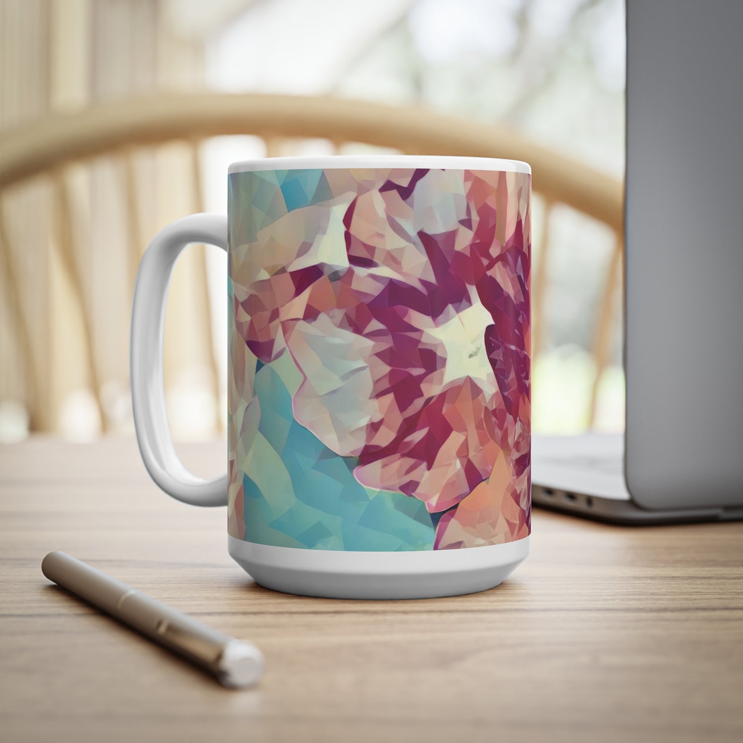 Ceramic White Cup 15oz - Poly Art - Flowers in sky blue and red (Variant 1)