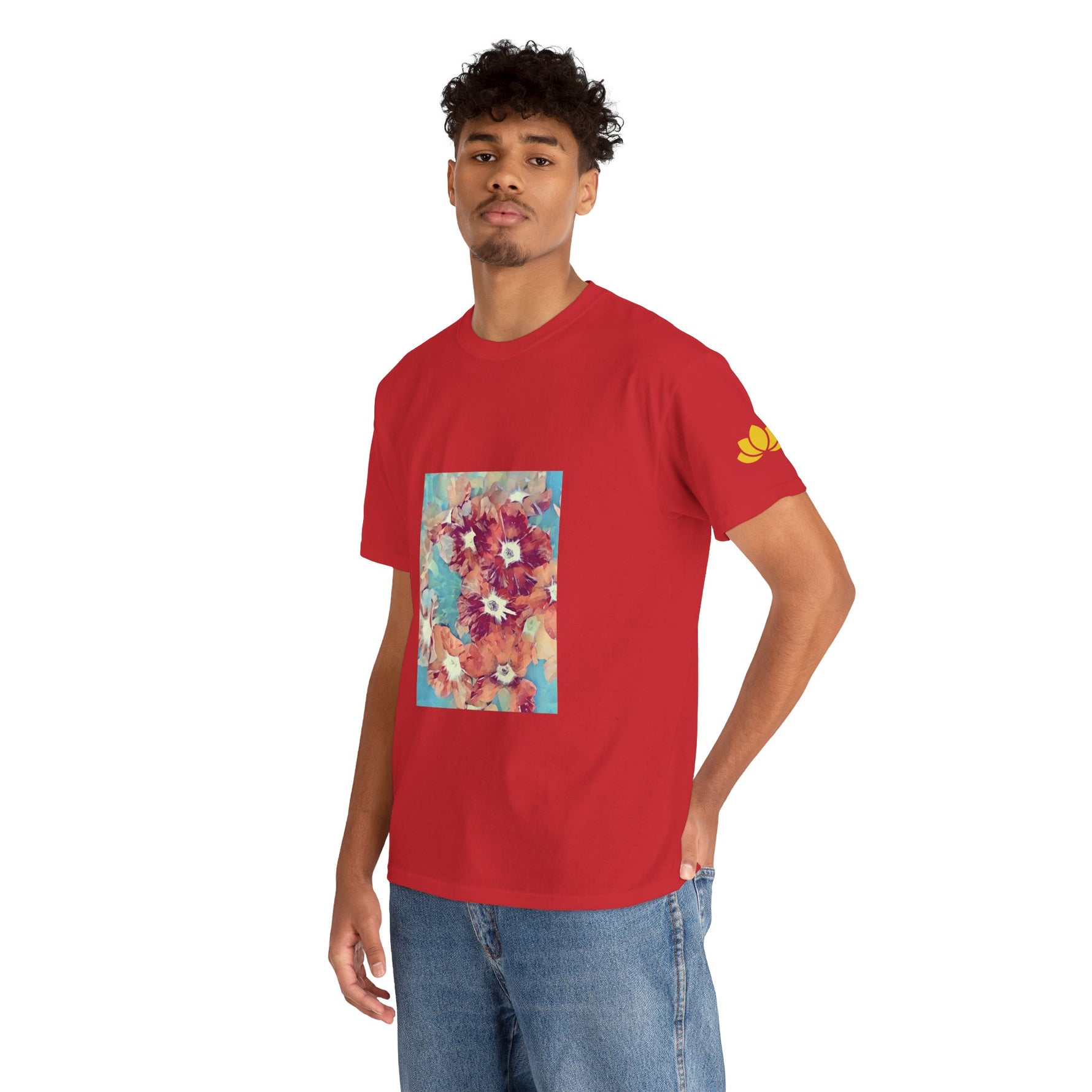 Unisex Heavy Cotton Tee - Poly Art - Flower of in sky blue and red