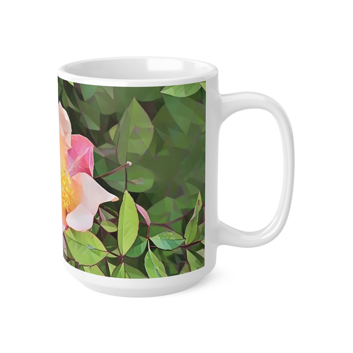 Ceramic White Cup 15oz - Poly Art - Flower of Rose (Variant 1)