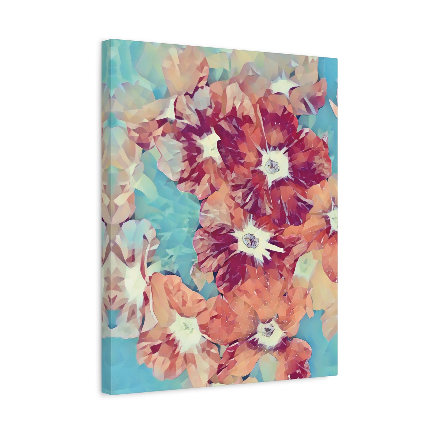 Stretched Matte Canvas - Poly Art - Flowers in light blue and red