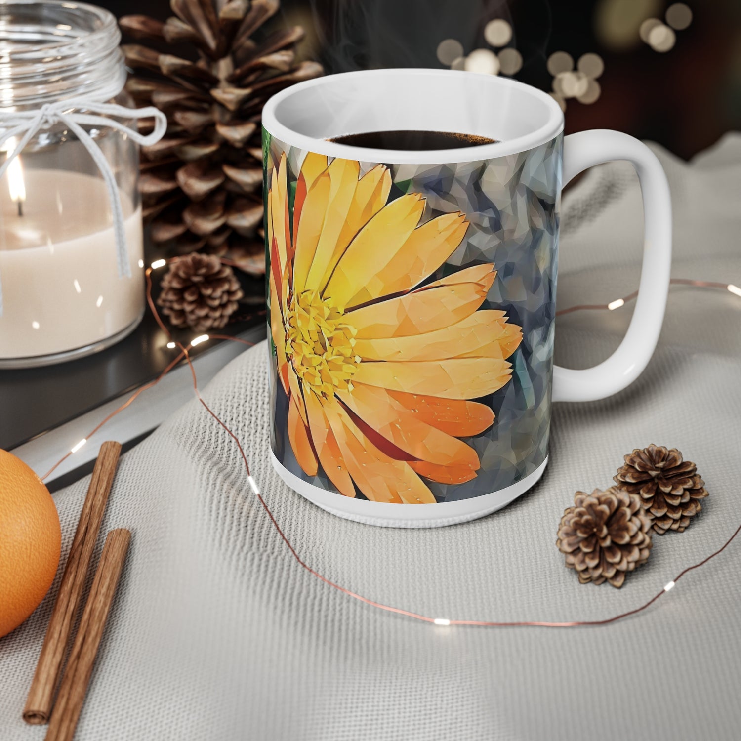 Ceramic White Cup 15oz - Poly Art - Flower of Calendula (Variant 2)