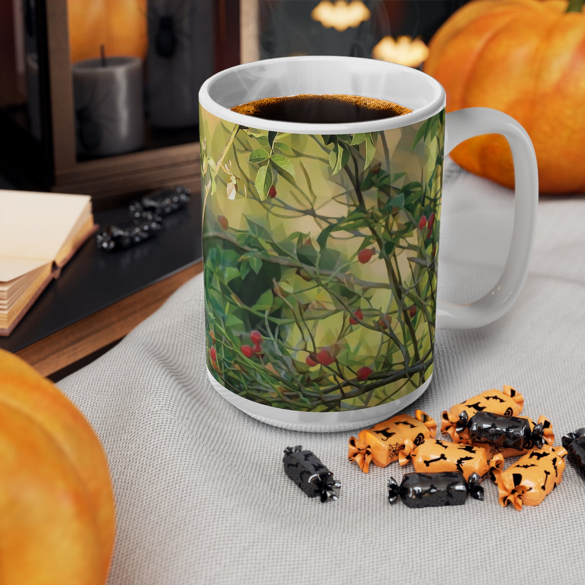 Ceramic White Cup 15oz - Poly Art - Rosehip plant (Variant 2)
