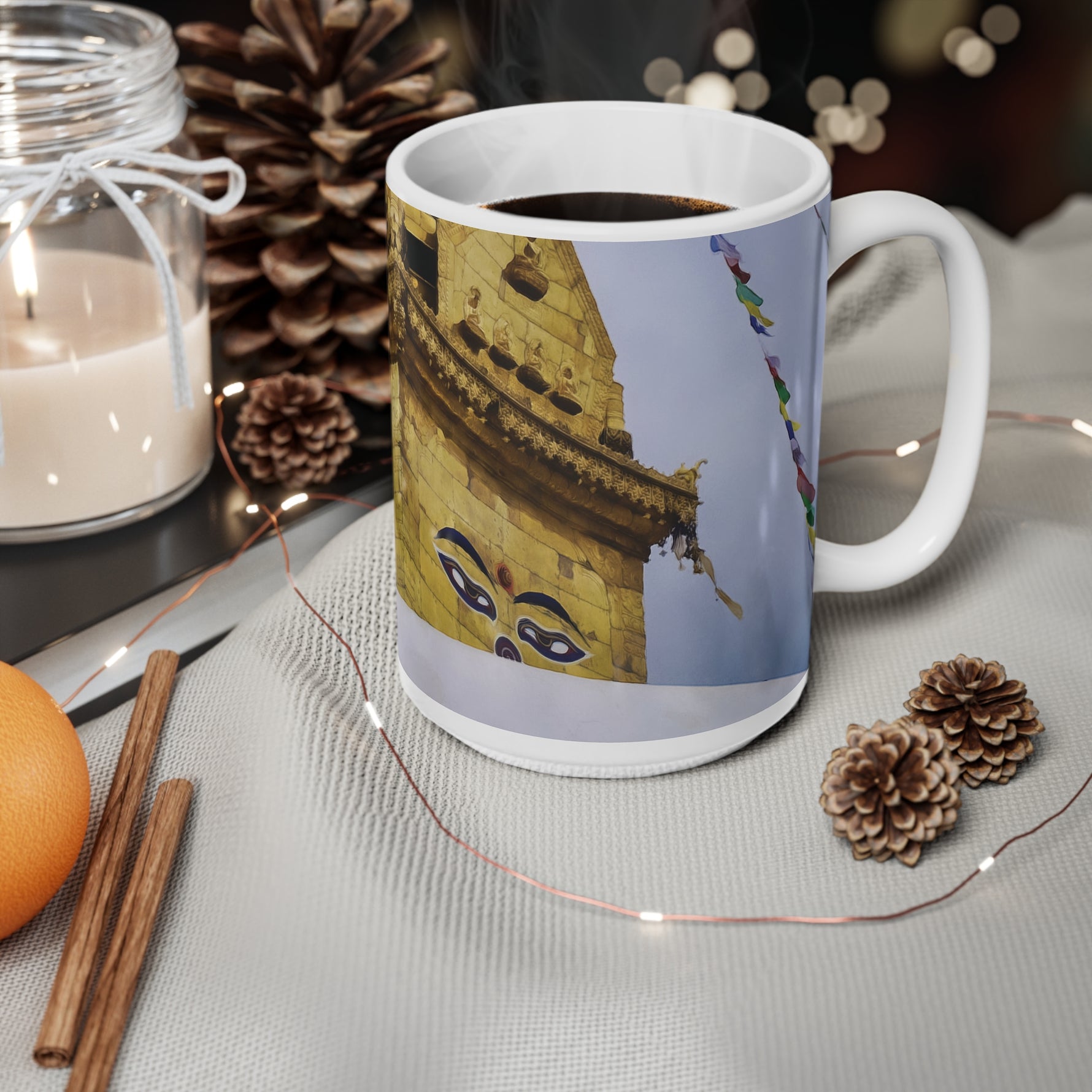 Ceramic White Cup 15oz - Nepal, Stupa with Buddha's Eyes (Variant 1)