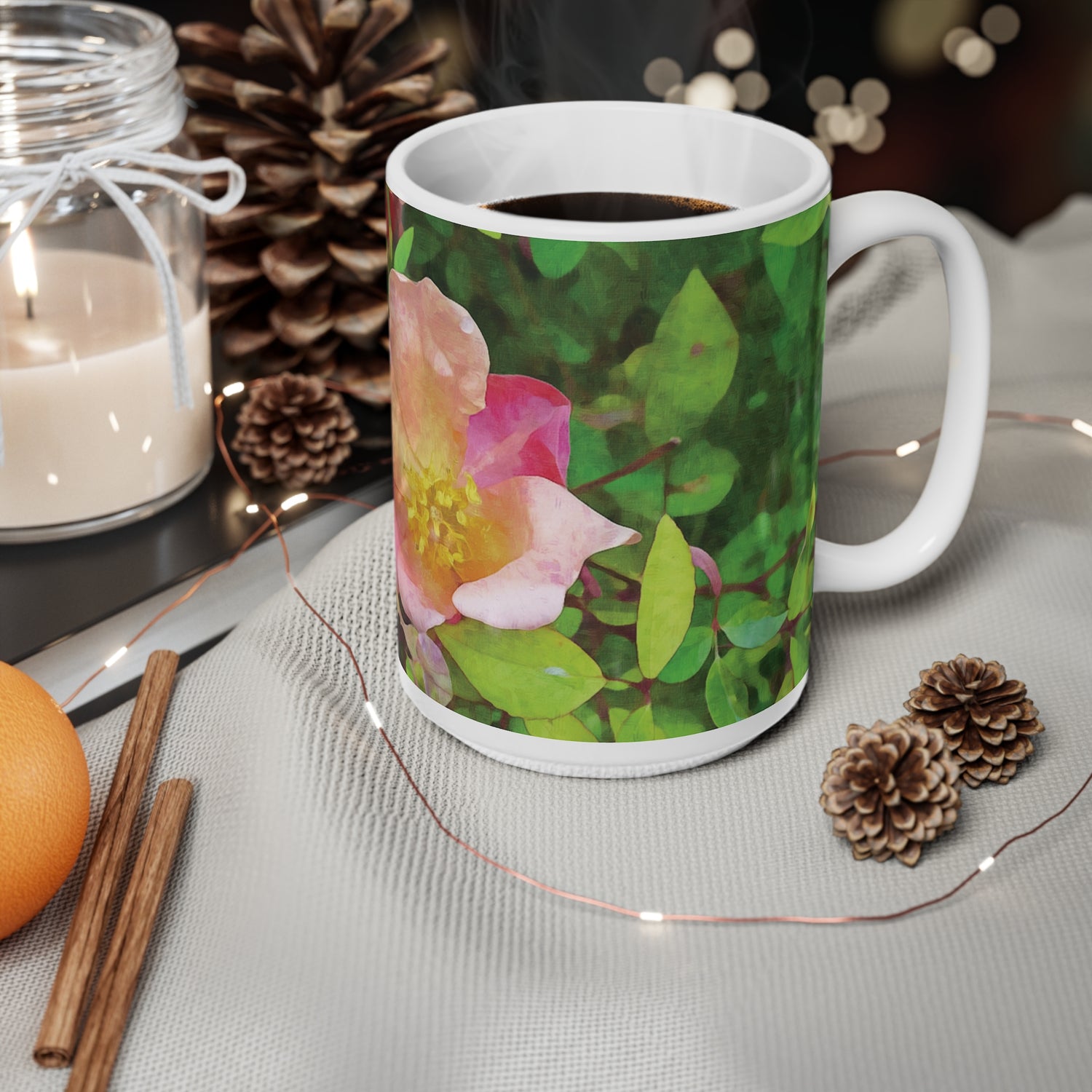 Ceramic White Cup 15oz - Flower of Rose