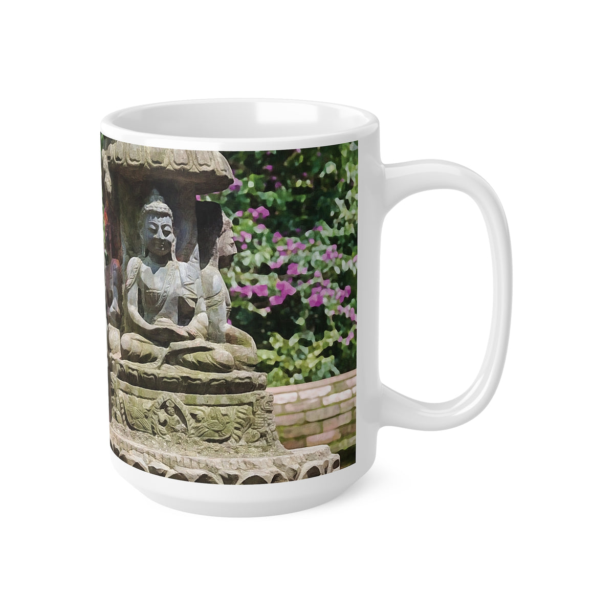 Ceramic White Cup 15oz - Nepal, Bodhisattvas Stone Sculptures