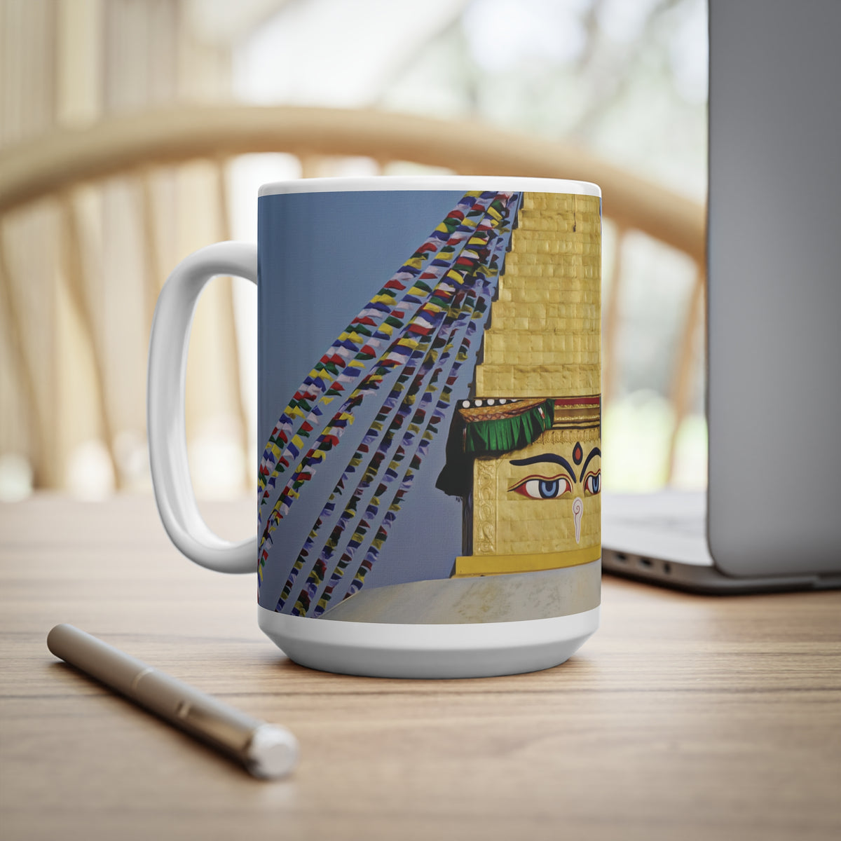 Ceramic White Cup 15oz - Nepal, Stupa with Buddha's Eyes (Variant 4)