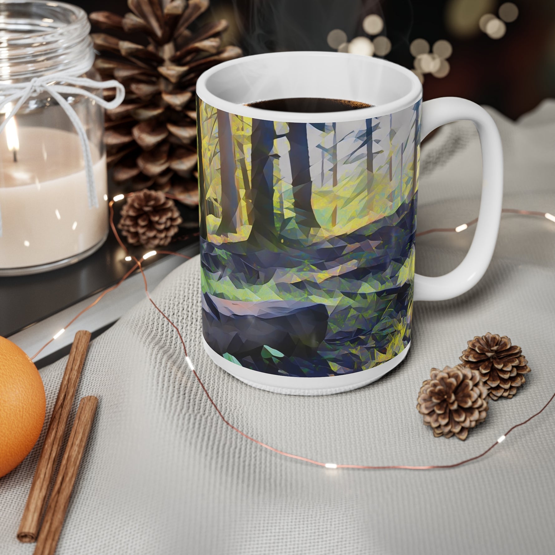 Ceramic White Cup 15oz - Poly Art - Forest (Variant 05)