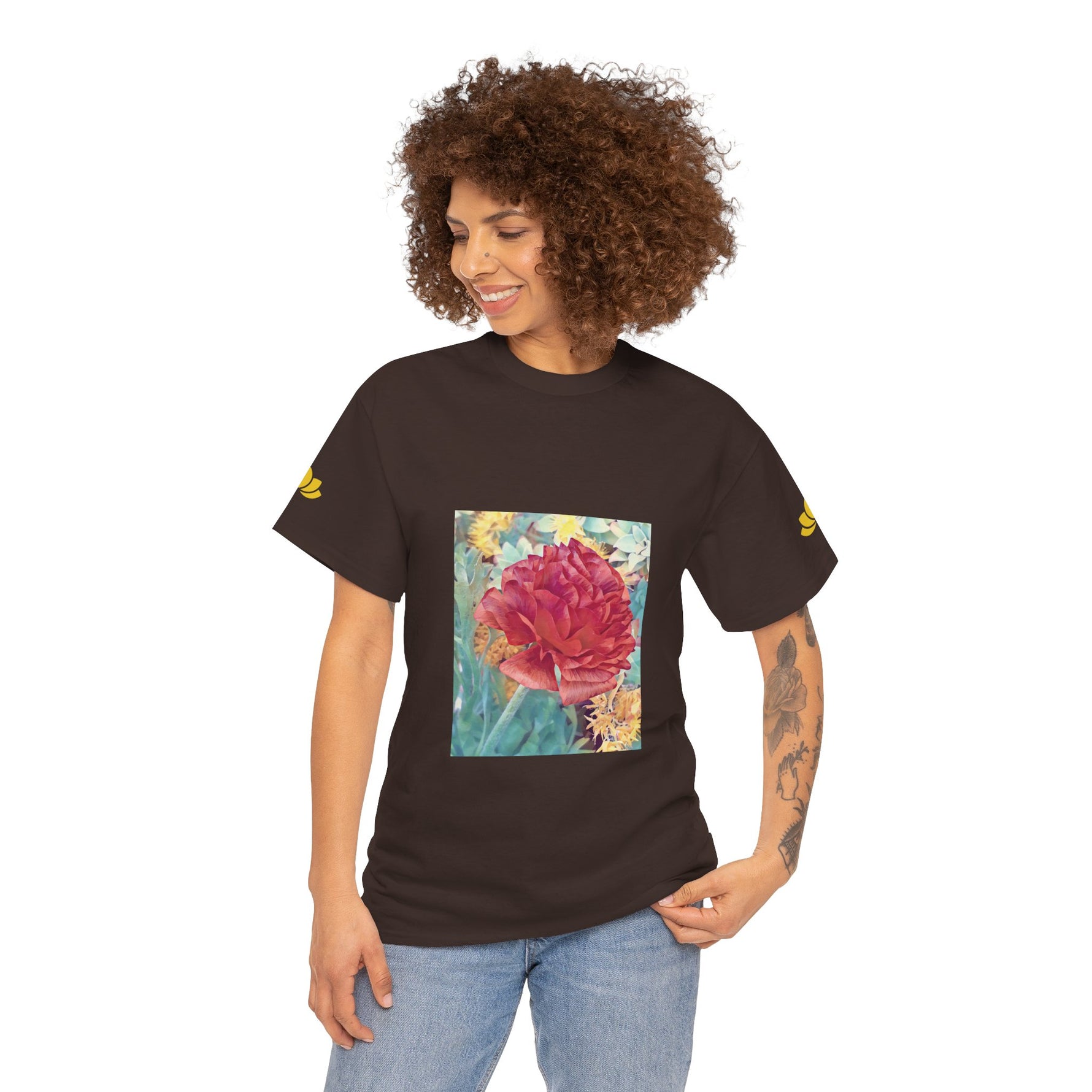 Unisex Heavy Cotton Tee - Poly Art - Flower of Dahlia in Red