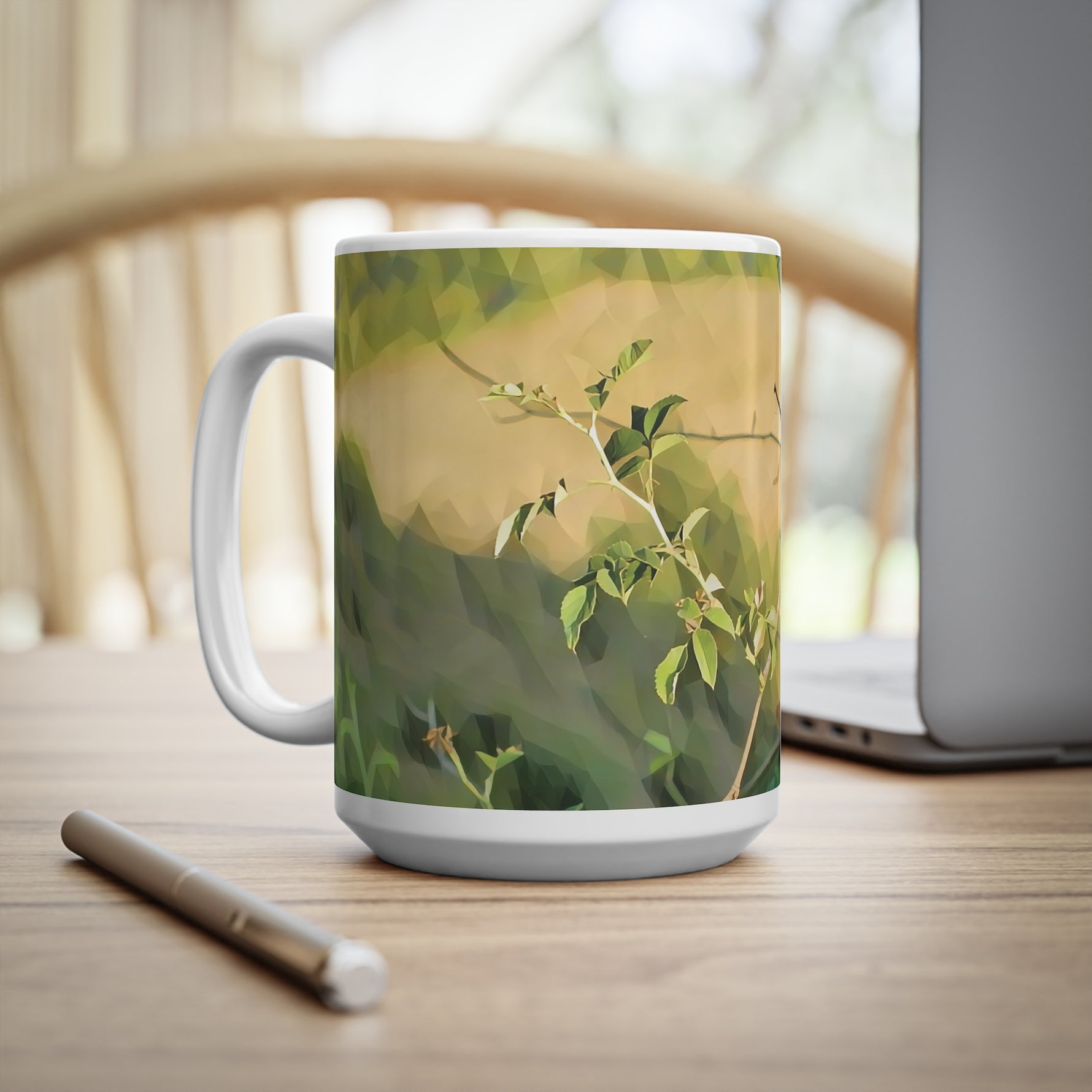 Ceramic White Cup 15oz - Poly Art - Rosehip plant (Variant 1)