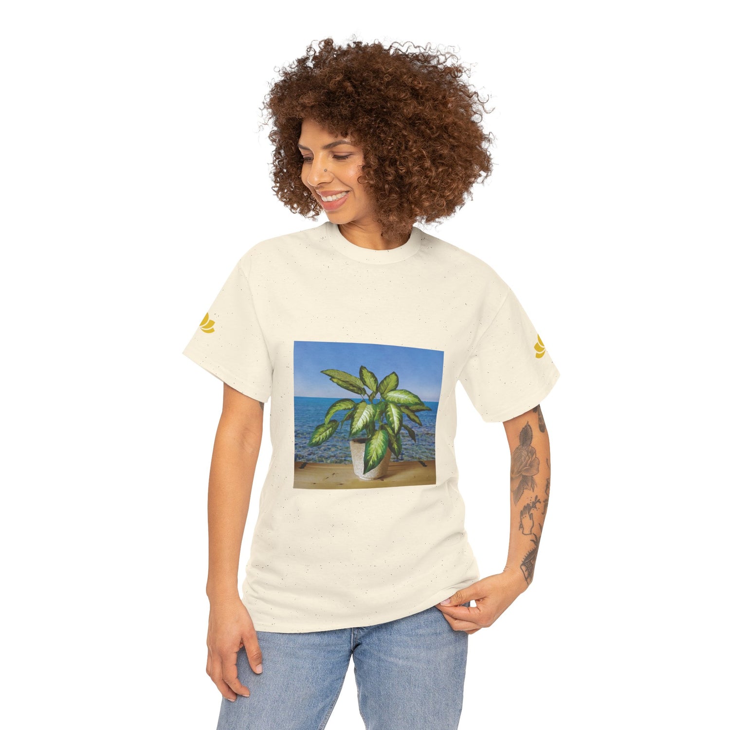 Unisex Heavy Cotton Tee - Dieffenbachia Plant and Sea landscape
