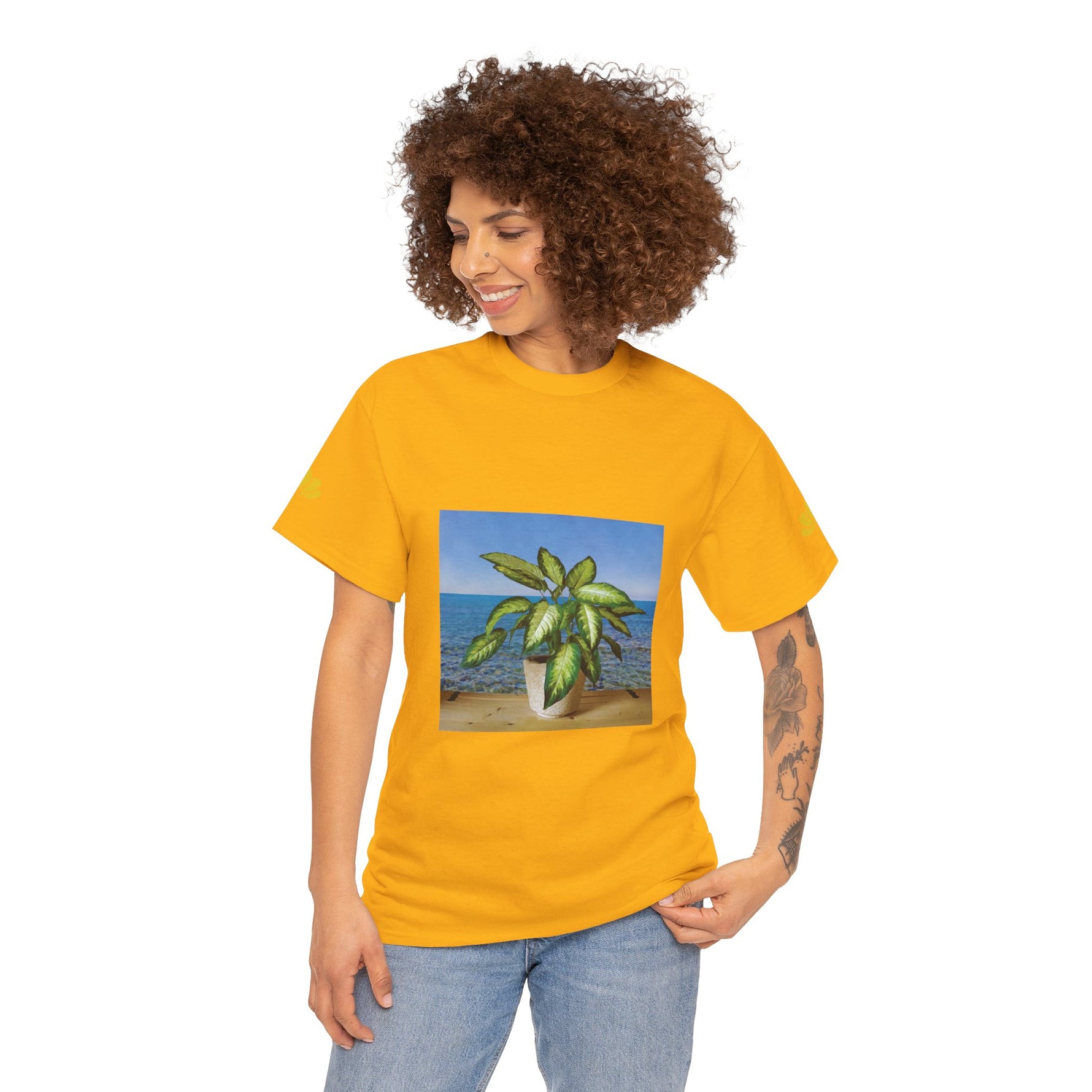 Unisex Heavy Cotton Tee - Dieffenbachia Plant and Sea landscape